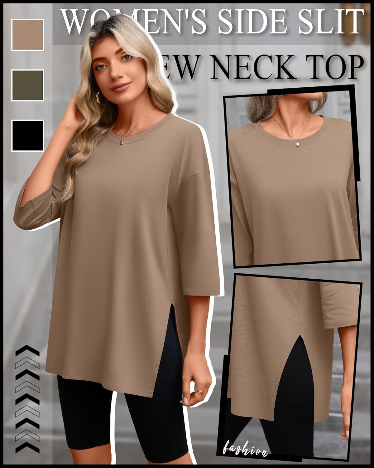 Huukeay 3 Pack Women's Oversized T Shirts Workout 3/4 Sleeve Top Loose Side Split Gym Elbow Crewneck Casual Clothes Tee - Image 4