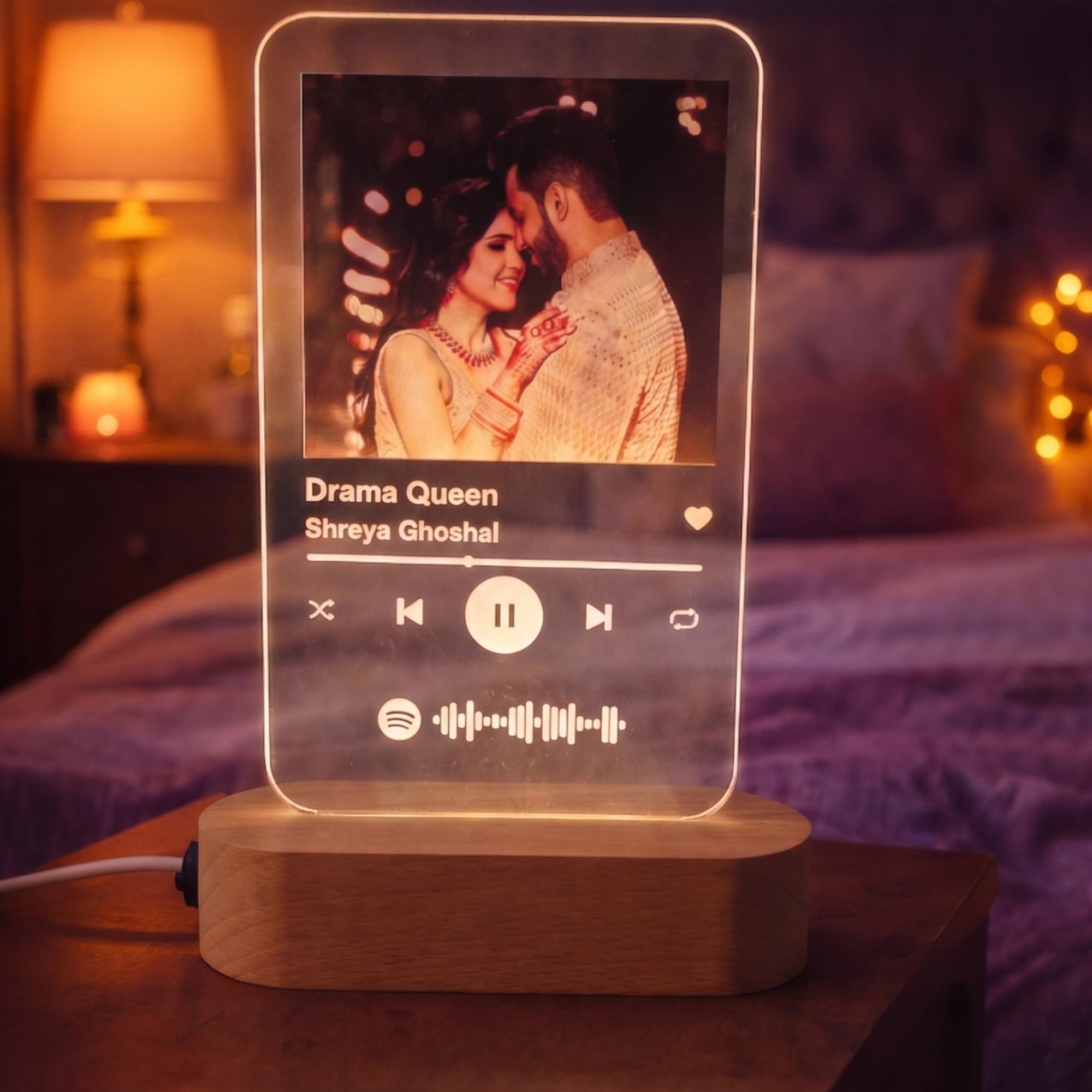 SHAYONA Acrylic Customized Photo and song Glass Spotify Plaque with wooden LED Light stand | Personalized Photo Music Frame with scannable code (Transparent, 6 x 9 Inches), Warm White brother sister gift 2