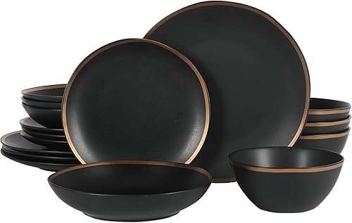 Gibson Elite Kings Road - Juego de vajilla de porcelana redonda orgánica con doble plato y tazón, color negro mate con borde dorado