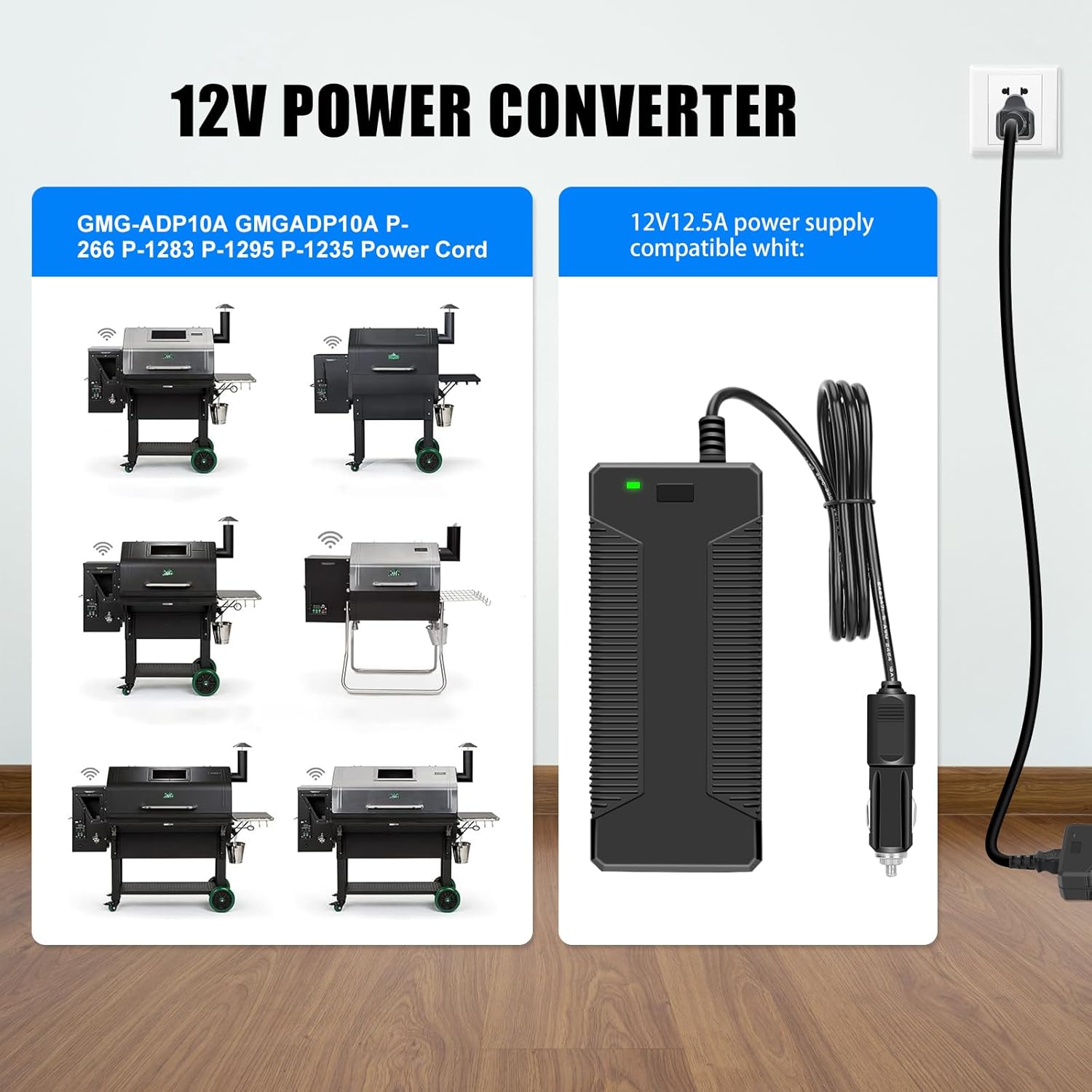 12V Cigarette Lighter Plug is Compatible with GMG Green Mountain Grills Davy Crockett Power Converter Adapter Style P-1001, P1001, GMGADP10A, P-1266, P-1283, P-1295, P-1235, and Other Models.