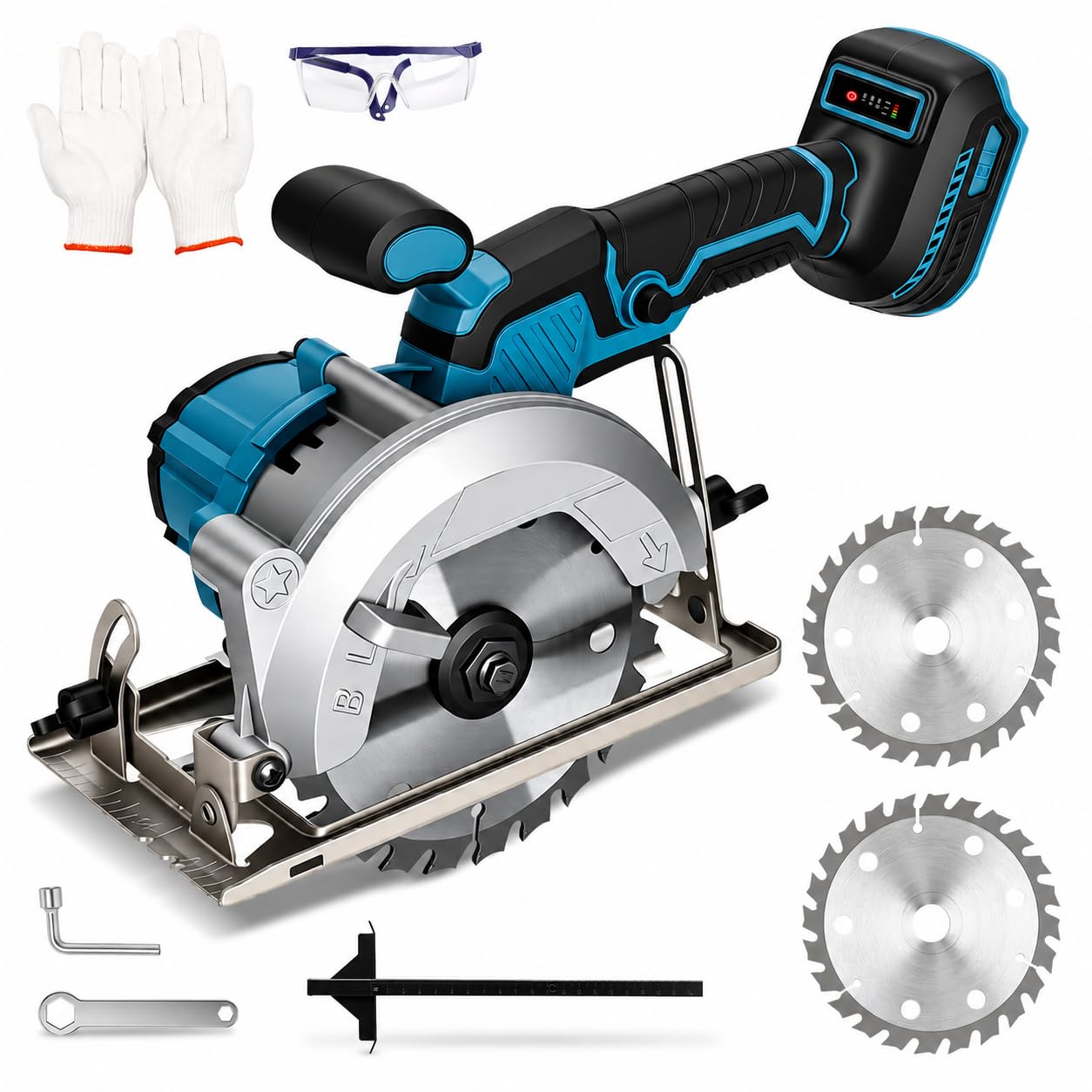 Mini Sierra Circular Inalámbrica compatible con Makita 18V Batería, 7200RPM, corte a inglete de 45°/90°, 2 Hojas de Sierra de 140mm para Madera, PVC(Sin Batería)