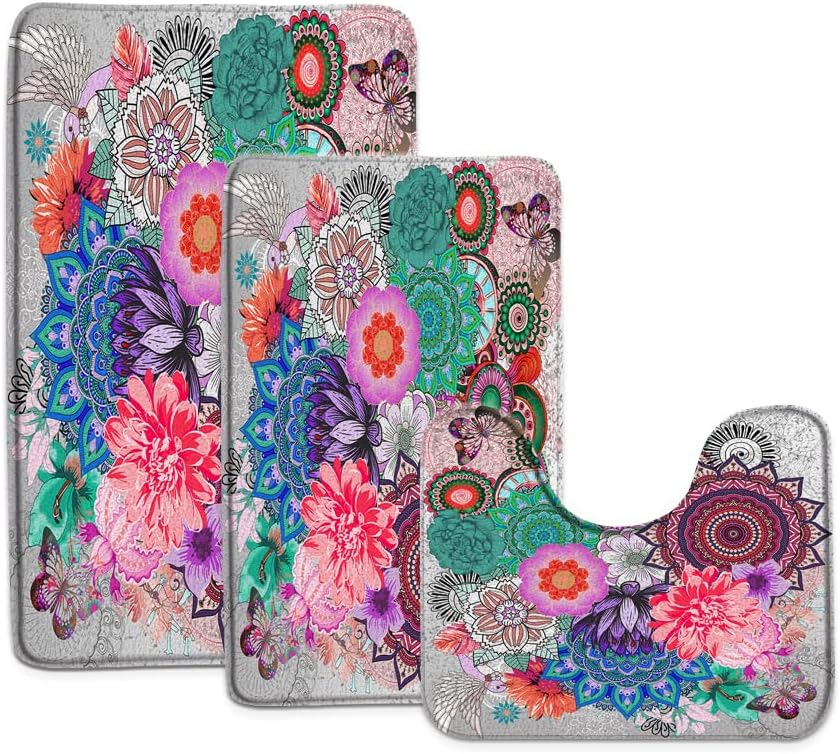 3 Piece Colorful Boho Flower Bath Mat Vintage Watercolor Floral Leaf Rose Peony Rustic Chic Country Bathroom Doormat Rug Sets,U-Shaped Floor Mat