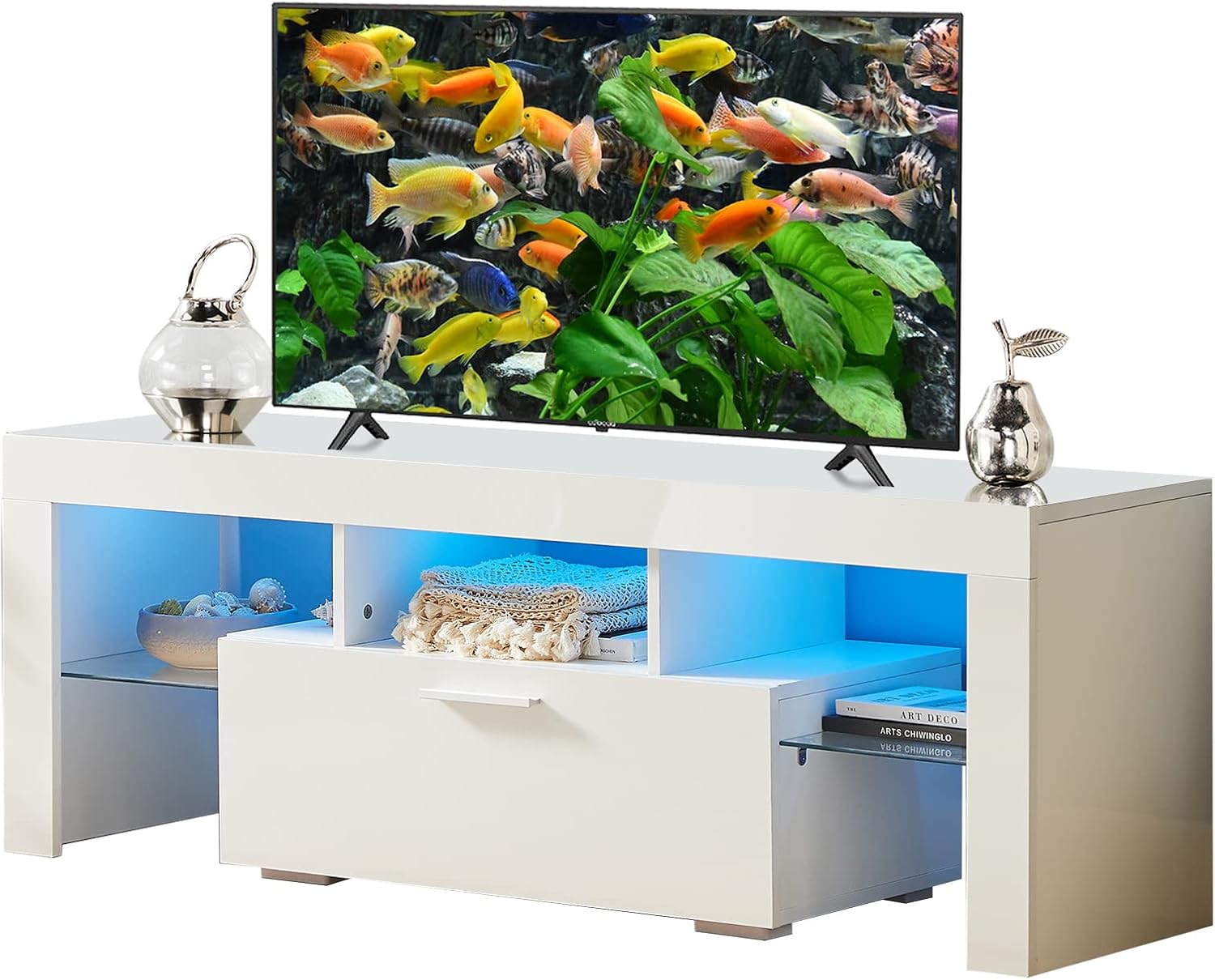 TV Stand with 16 Color LED Light, Modern TV Cabinet with Shelf, Media Storage Entertainment TV Stand Cabinet for Up to 55 Inch TV, Television Table Center for Living Room Bedroom, White