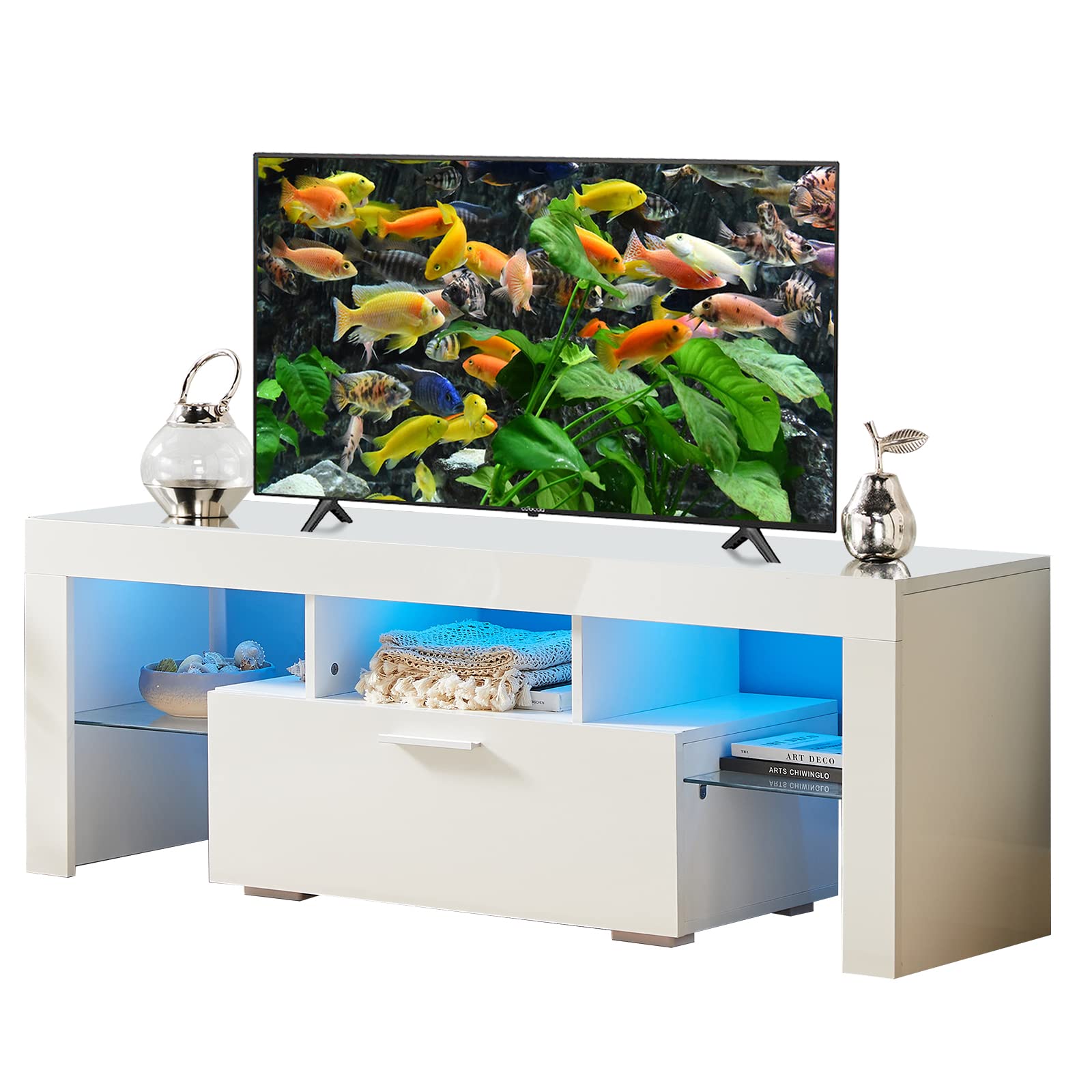 Binrrio TV Stand with 16 Color LED Light, Modern TV Cabinet with Shelf, Media Storage Entertainment TV Stand Cabinet for Up to 55 Inch TV, Television Table Center for Living Room Bedroom, White