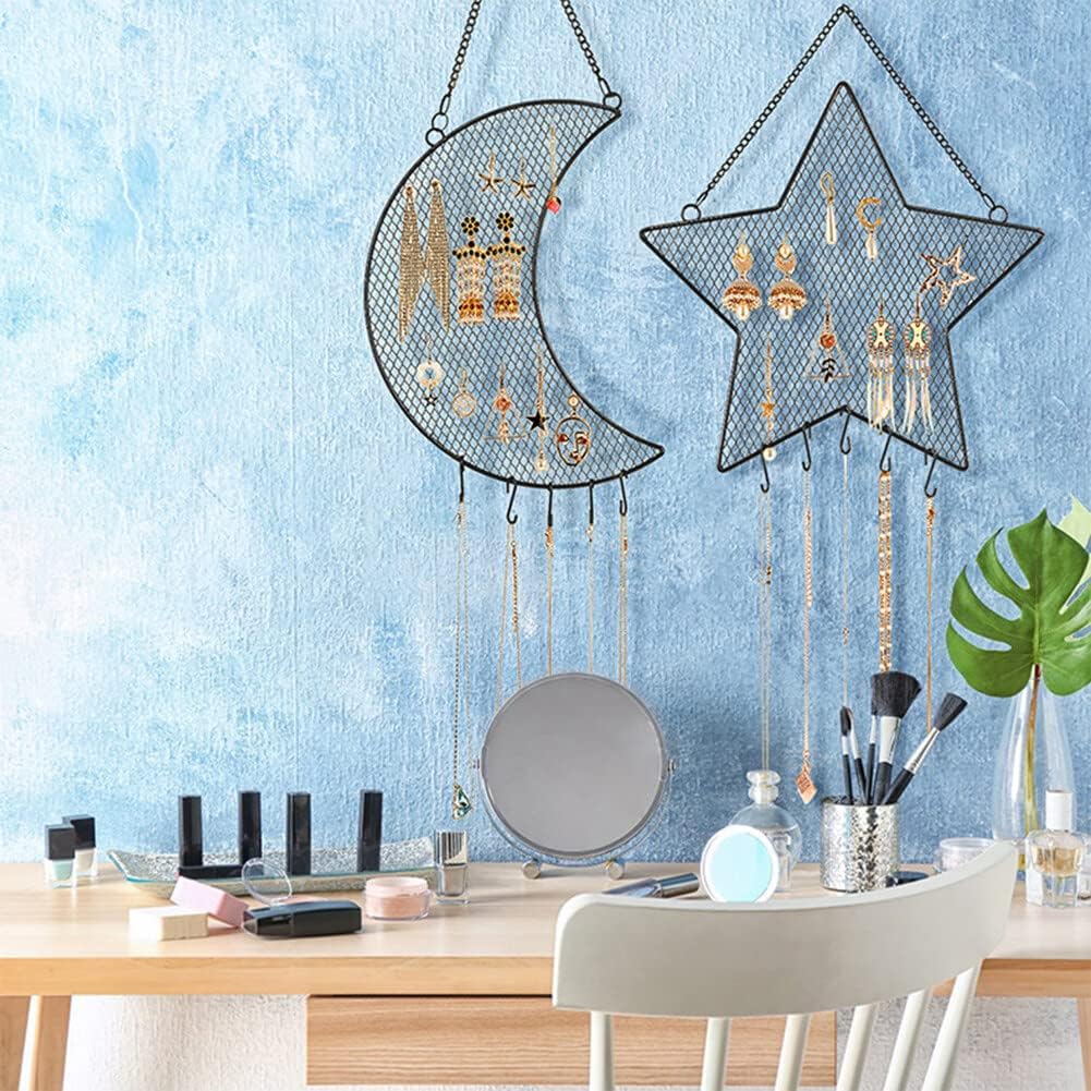 Hanging Earring Organizer Wall Mounted Jewelry Organizer for Women Girls - Moon Star Shaped Earring Organizer Frame Metal Grid Jewelry Display Rack with Hooks for Hold Rings Bracelets Necklaces
