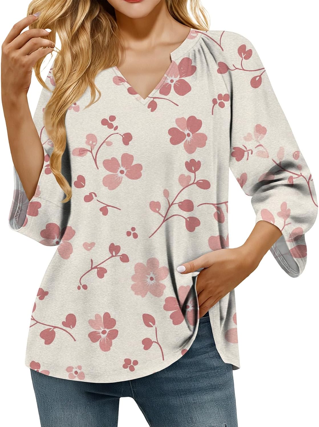 Retro Breathable Shirt for Women Vintage Novelty Stylish Boho Loose Fit 3/4 Sleeve V Neck Tops Summer Undershirt