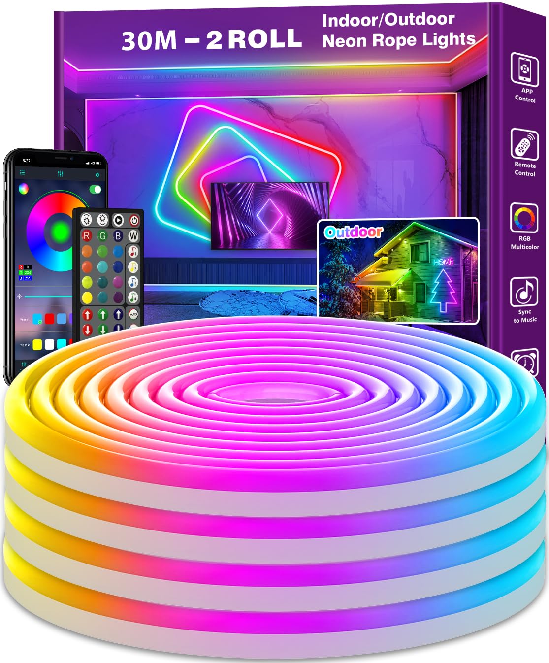 30m Neon Led Strip,Flexible Streifen,Control with App/Remote,Multiple Modes,IP65 Outdoor RGB Lights Waterproof,Music Sync Gaming Led Strip Lights for Bedroom Indoor Outdoor