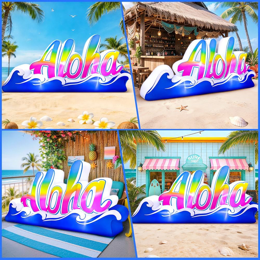 KOOY 7FT Hawaiian Luau Party Decorations, Aloha Themed Banner Sign Backdrop Decor,Build in LED Light Summer Decorations, Inflatable Decoration for Outdoor, Yard, Garden, Beach, Bar, Blow up Decor