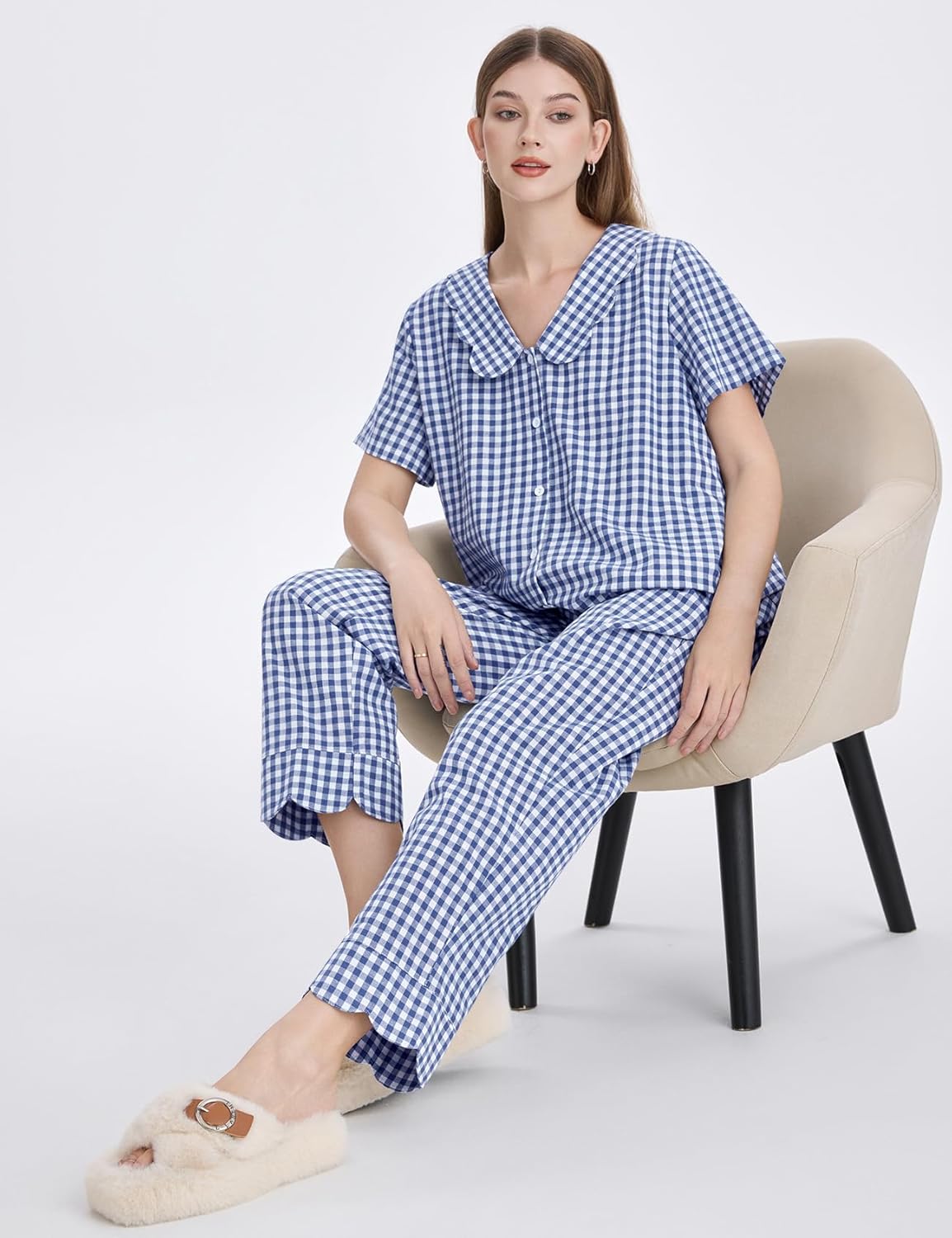 Kissonic Womens Gingham Pajama Set Cute Cotton Ruffle Pajamas Cozy Plaid Y2K Pjs Babydoll Sleepwear - Image 5
