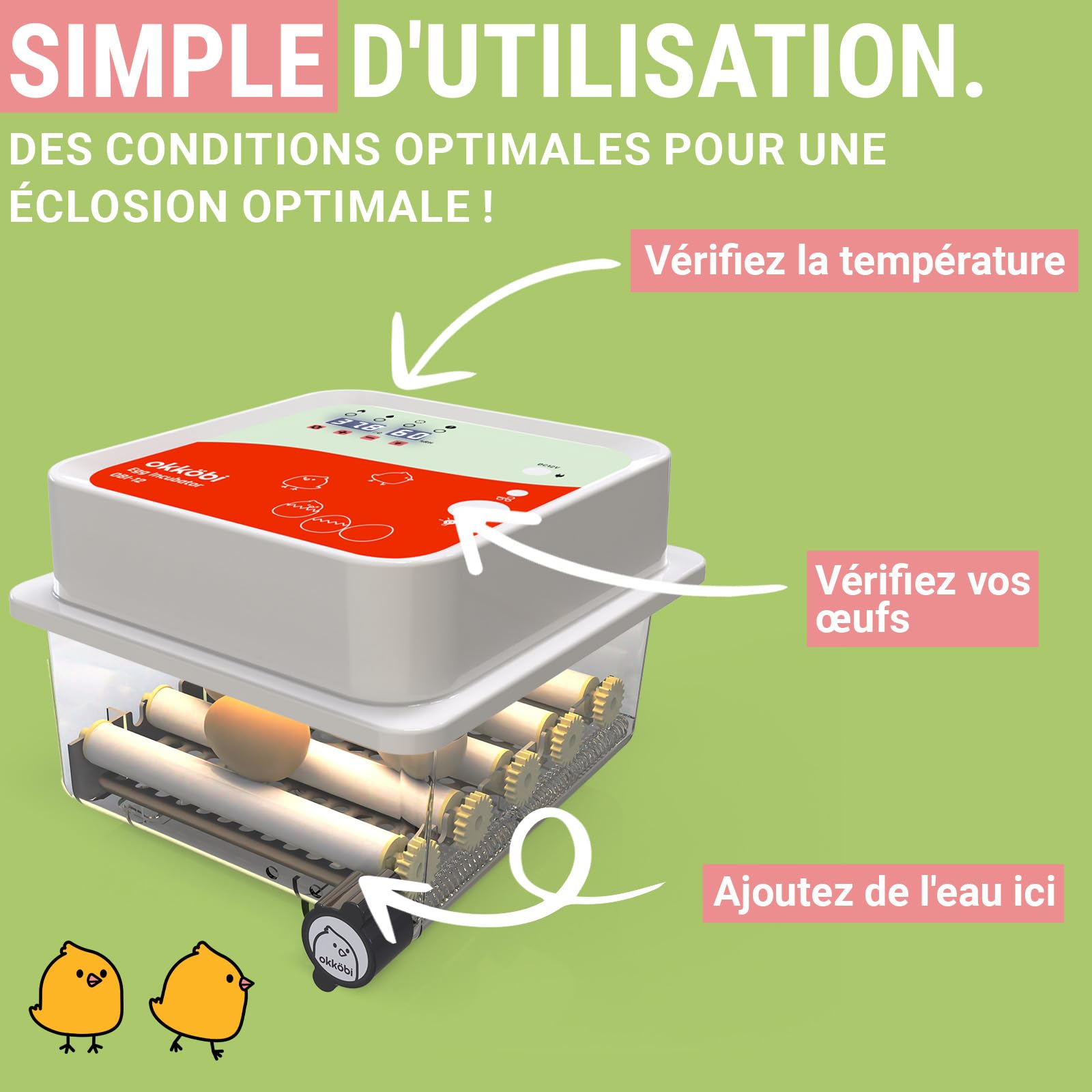 Couveuse Automatique 12 Oeufs Obi-12 - Retournement - Adapté à Tous Âges | Fenêtre d'Observation Intégrée, Suivi du Développement des Embryons, Mousse Isolante Incluse - Orange