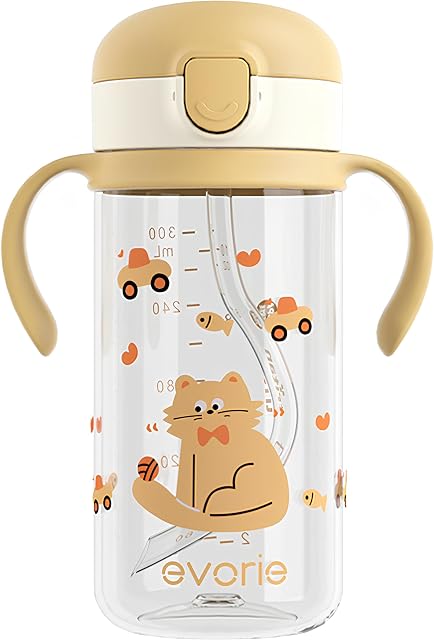 Evorie Tritan Spill Preuve de la Coupe Sippy de la Paille des Jumelles, 10 oz pour les bébés et les tout-petits âgés de 1 à 3 ans, pas de bouteille d'eau de paille avec poignées amovibles, idéal pour l'école, sans BPA, chat (nouveau)