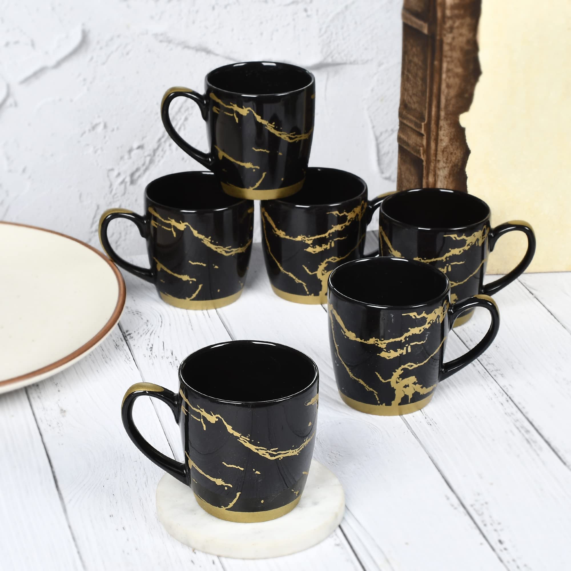 E - Ezra Gold Printed Bone China Glossy Cups & Mugs/Tea Cup for Home Office / 180 Ml (Black)