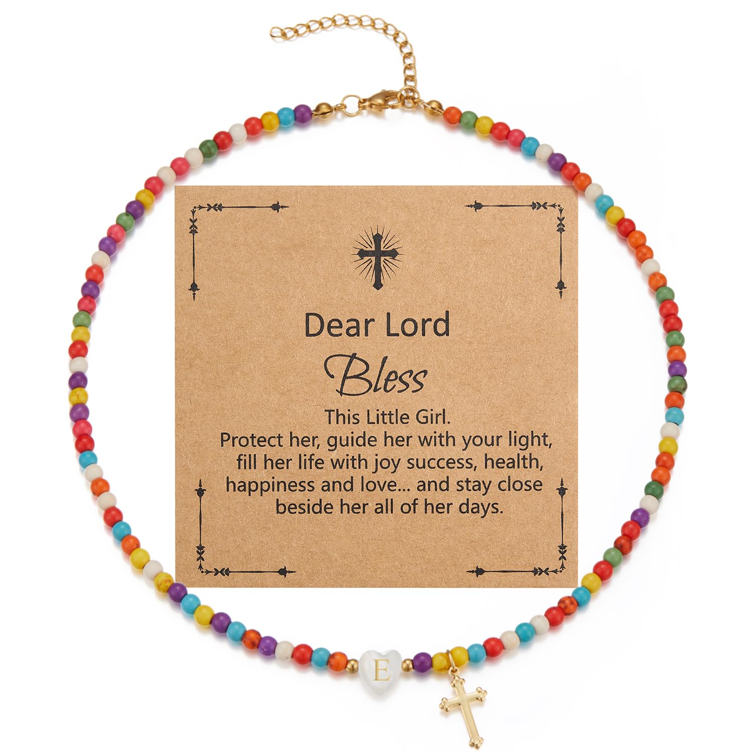 Sanyaa Cross Initial Heart Necklace Stainless Steel 18K Gold Cross Colorful Beaded First Communion Baptism Easter Gifts Choker Necklace