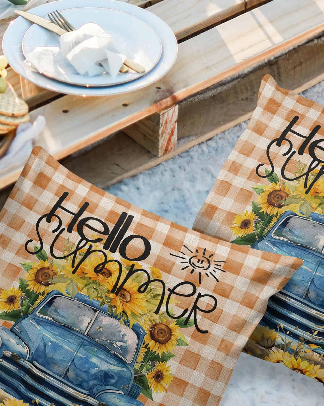 HELLOWINK Outdoor Pillows Waterproof Pillow Covers Set of 2 Farmhouse Truck Sunflower Polyester Throw Pillow Covers Garden Cushion Case for Patio Funiture Sofa Decoration 20x20inch Buffalo Plaid