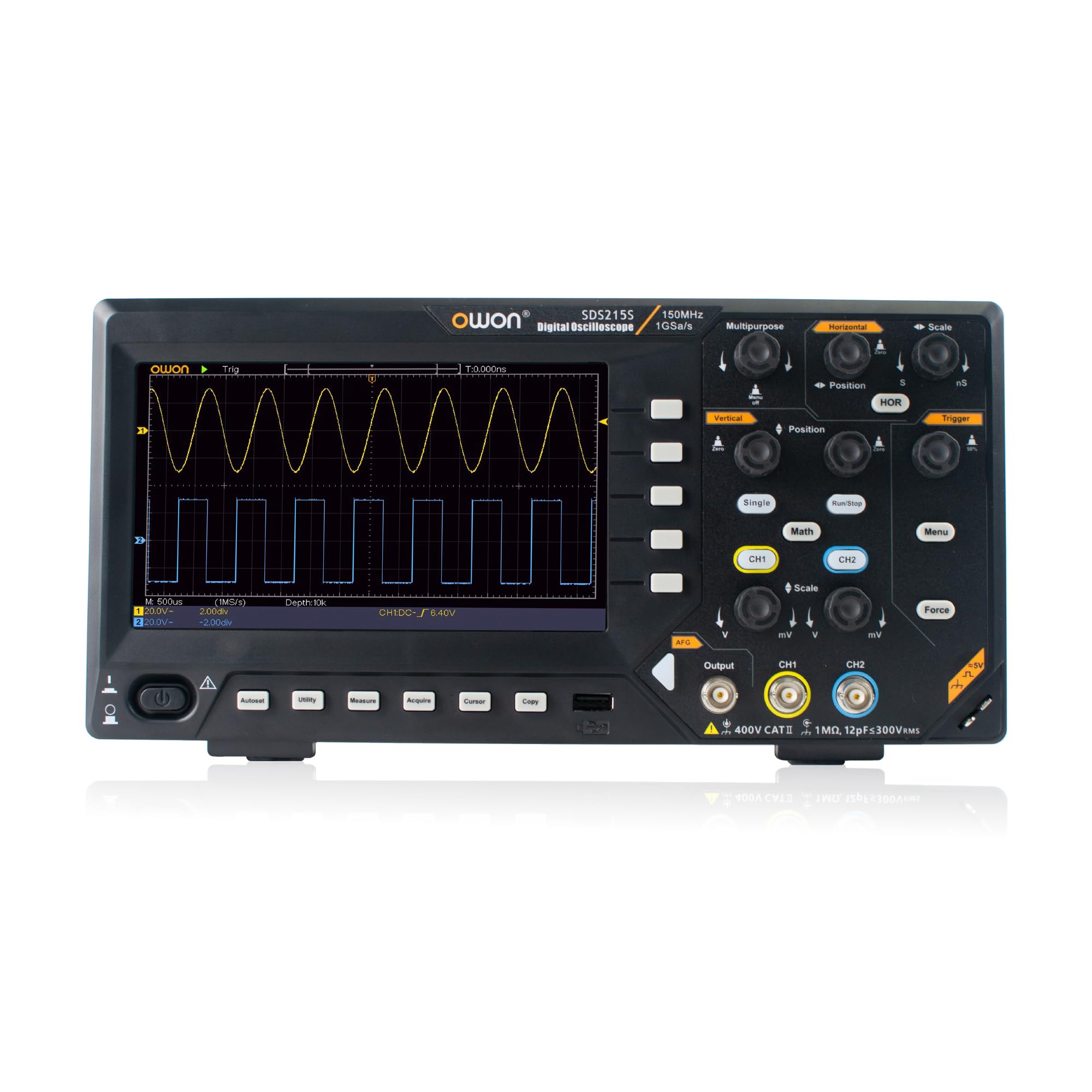 SDS215S OWON oscyloskop 2 + 1 kanał, szerokość pasma 150 MHz, oscylograf stołowy ze źródłami sygnału 25 MHz, obsługuje 30 automatycznych pomiarów kształtu fali (2+1CH/150 MHz/SDS215S)