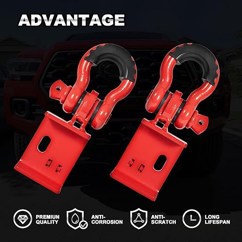 Miniatura 4 de Soportes de gancho de remolque delantero Demon con grilletes de 34 pulgadas y anillos D compatibles con Toyota Tacoma 2009-2023 (rojo)