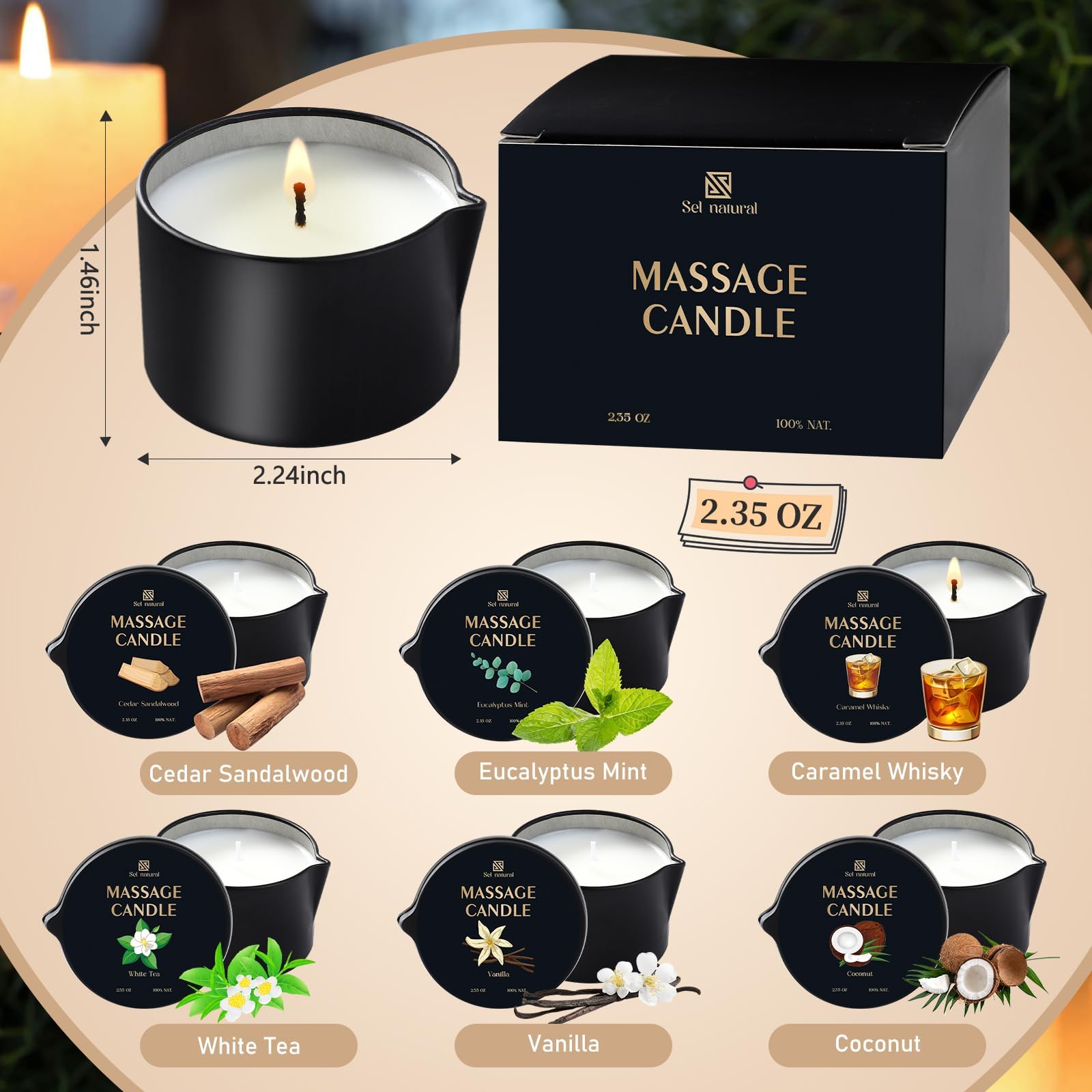 Confezione da 6 candele con olio da massaggio, 66,6 g, a bassa temperatura, 6 profumi, per terapia termale, olio per il corpo, regalo di San Valentino per rilassarsi, coppie o cura di sé