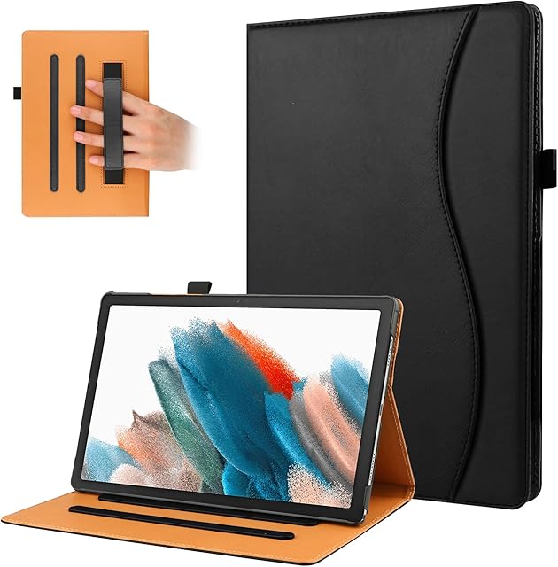 VOVIPO Samsung Galaxy Tab A8 10.5 Inch 2021/2022 SM-X205/X200 Case Cover, Multi-Viewing Angles Leather Stand Folio Protective Cover with Handstrap for Galaxy Tab A8 10.5 Inch 2021-Black