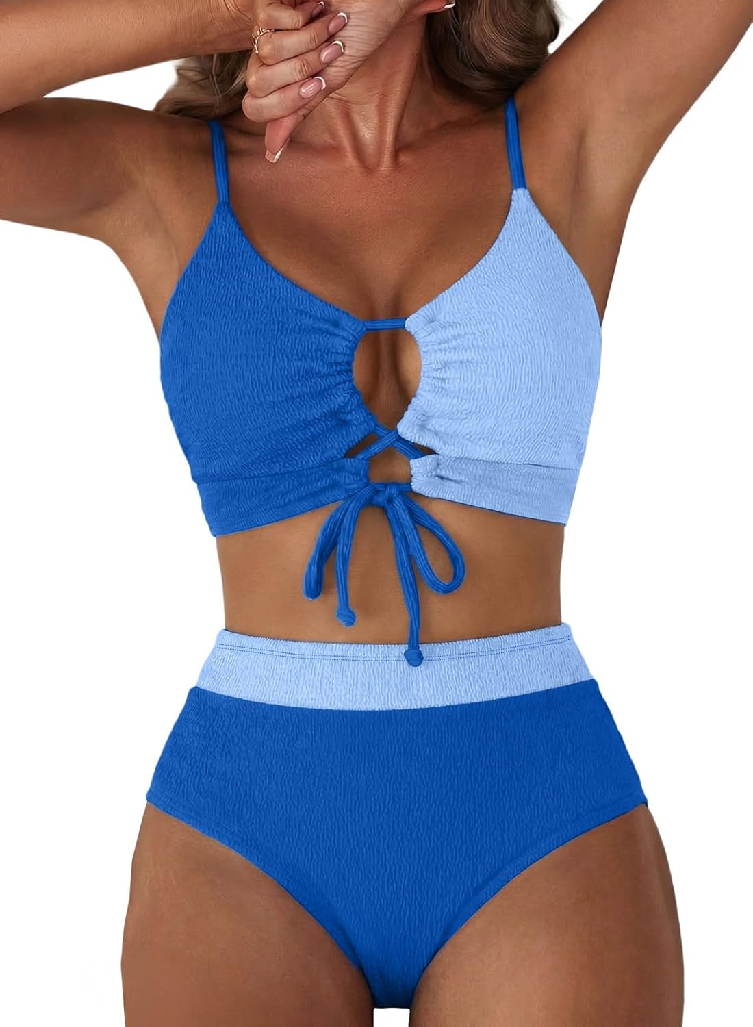 Herseas Womens Sexy Textured Bikini Sets High Waisted Tie Front Swimsuits 2 Piece Color Block Bathing Suits Resort Wear