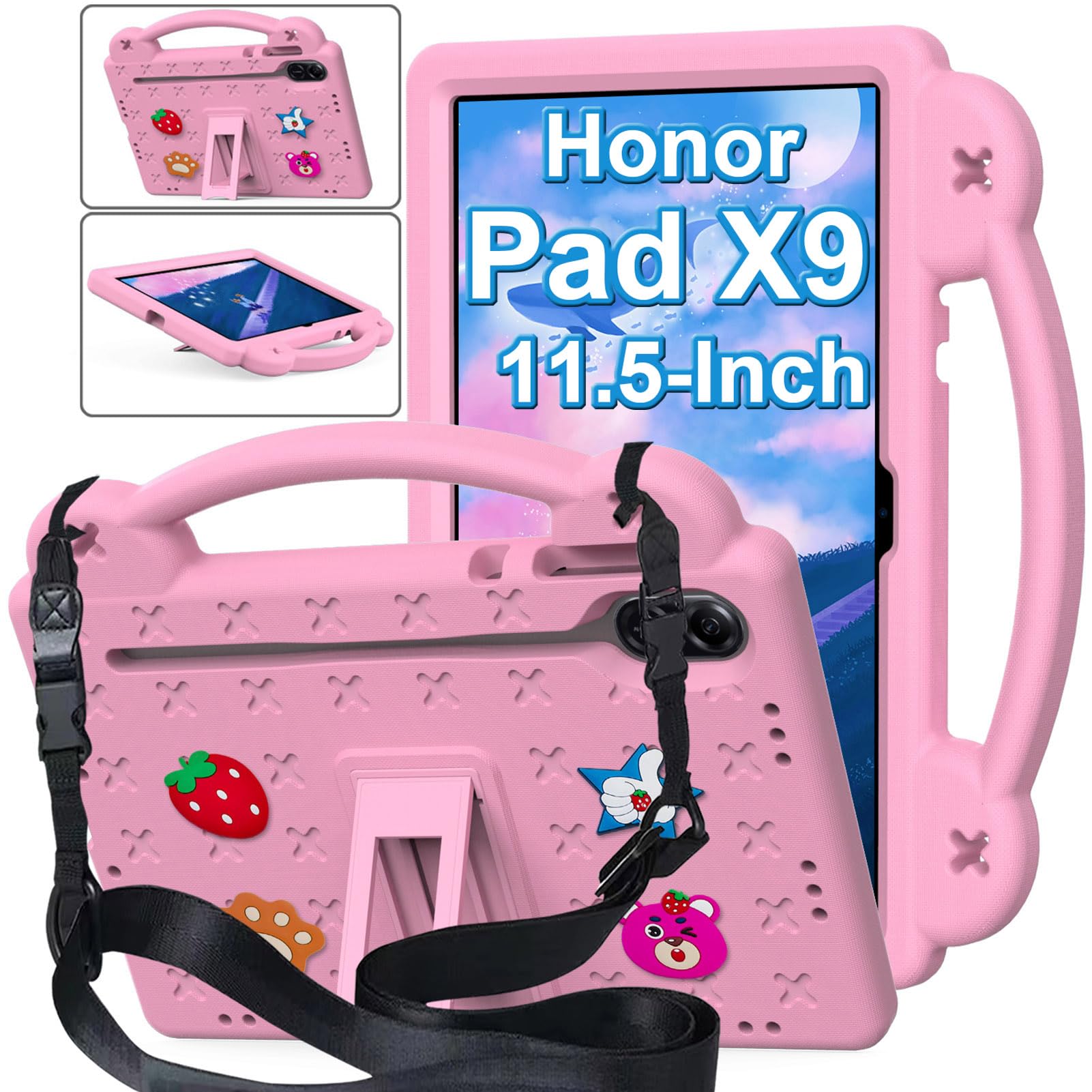 Billionn Case Compatible with Honor Pad X9 11.5 Inch, DIY Accessories for Kids, Shockproof Case with [Pencil Holder] [Shoulder Strap] [Handle Stand], Pink-A