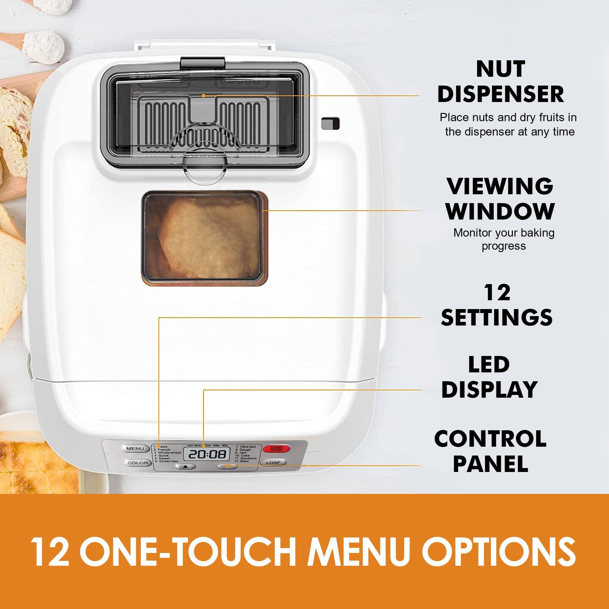 Bread Machine, Kitchen in the box 2LB 12-IN-1 Bread Maker, Gluten-Free Setting, Auto Fruit Nut Dispenser & Nonstick Pan, 2 Loaf Sizes,13H Reserve & 1H Keep Warm (White)