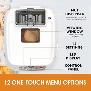 Bread Machine, Kitchen in the box 2LB 12-IN-1 Bread Maker, Gluten-Free Setting, Auto Fruit Nut Dispenser & Nonstick Pan, 2 Loaf Sizes,13H Reserve & 1H Keep Warm (Classic White)