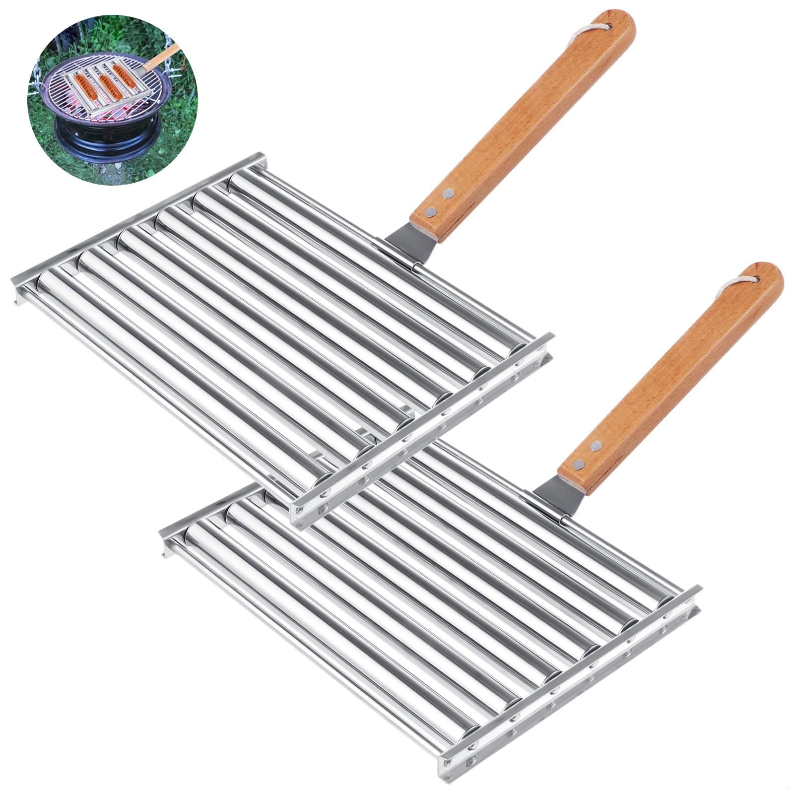 Edelstahl-Grillrolle für Hot Dogs, Wurstgrillrost mit Holzgriff, 2 Stück, 24,9 x 18,1 cm