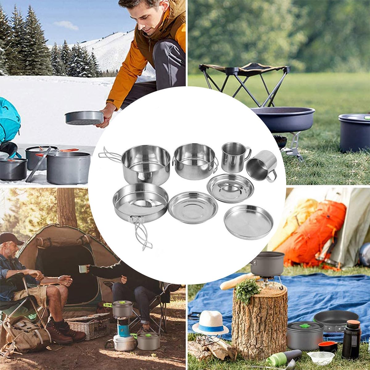 MAGICLULU Set de Casseroles de Camping en Acier Inoxydable Léger Poignées Pliables, Comprenant Marmite et Poêle, pour Randonnée et Activités en Plein Air