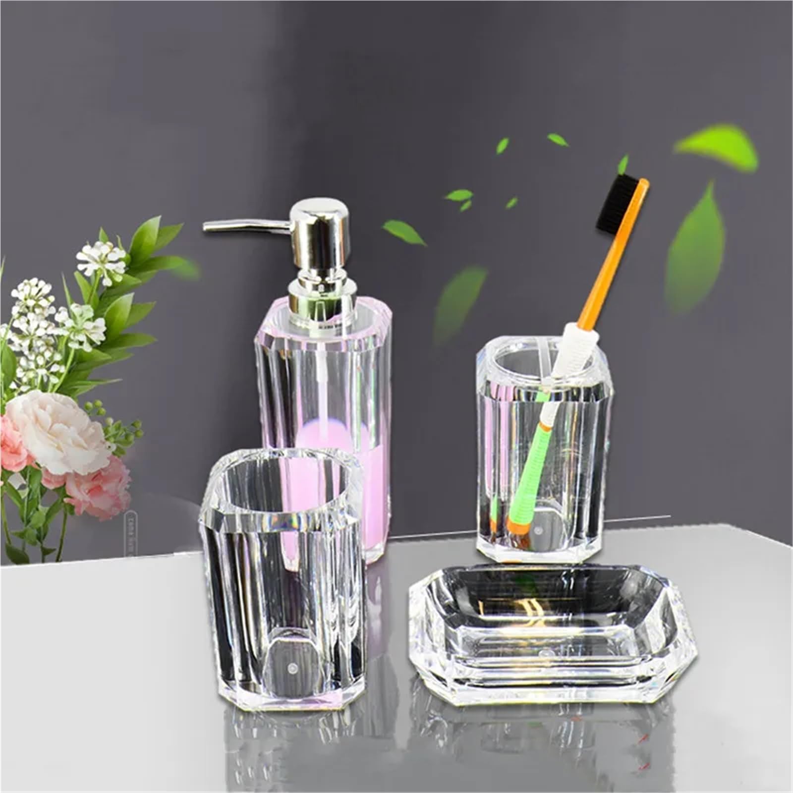 Dispensador de Jabon Juego de baño Transparente, Accesorios Almacenamiento for Inodoro, dispensador jabón, Botella, Plato, Soporte for Cepillo Dientes, Cuarto(4pcs Black)
