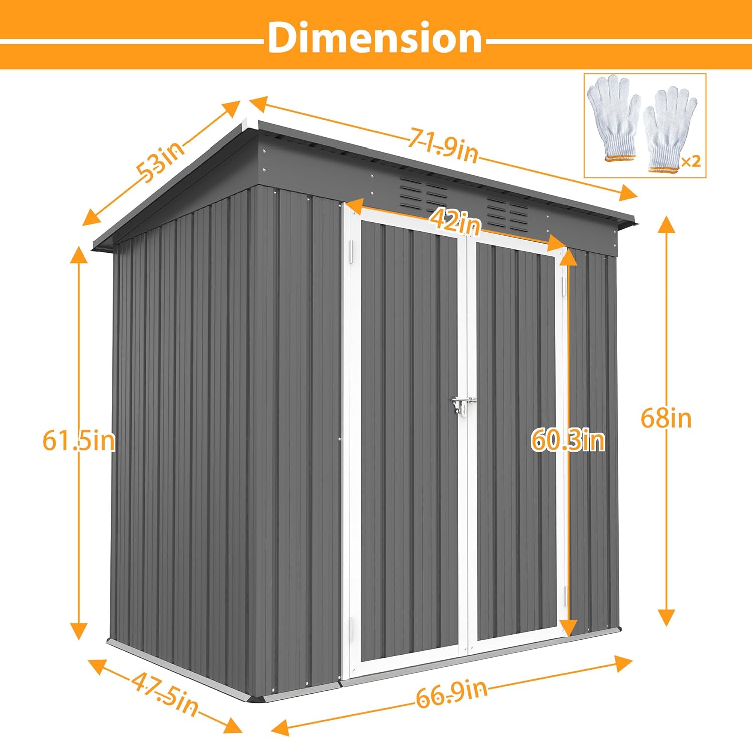 Isometric view of the Thanaddo 4x6ft Metal Outdoor Storage Shed with dimensions for overall size and door opening.