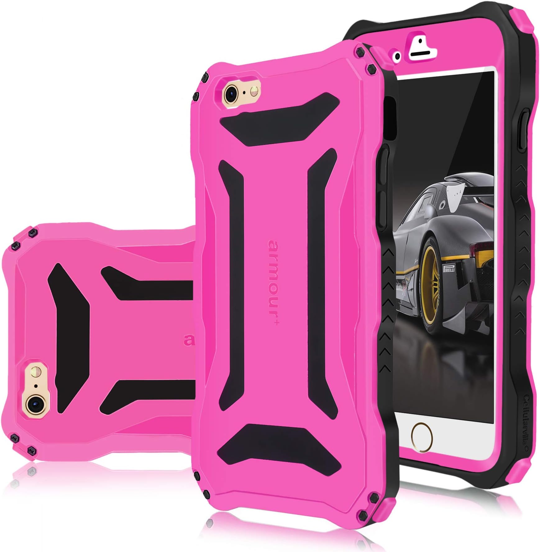 Cellularvilla Hybrid Hard Soft Dual Layer Shockproof Full Body Protection Case Cover [Tempered Glass Screen Protector] Compatible with Apple iPhone 6 / iPhone 6S Plus (Hot Pink)