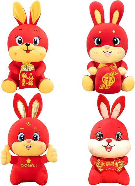 QKTYB 4Pcs Happy New Year Decorations 2023 Rabbit Toy Rabbit Plush Toy Mascot Stuffed Doll Chinese New Year Decorations 2023 Zodiac Animal Cute Bunny Plush Toy for Child New Year Gift
