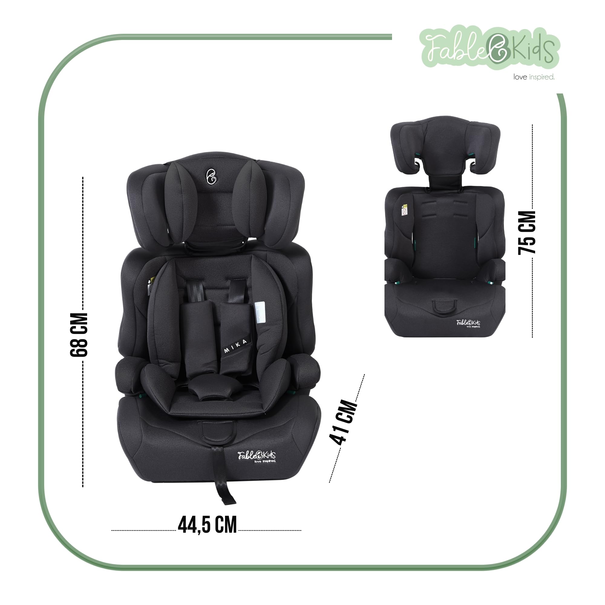 FableKids Siège auto pour enfants | Ceinture de sécurité à 3 points | Siège auto pour enfants 76-150 cm | Siège enfant appui-tête réglable | ECE R129/03 | Réglable 44,5x41x68-75cm | Gris
