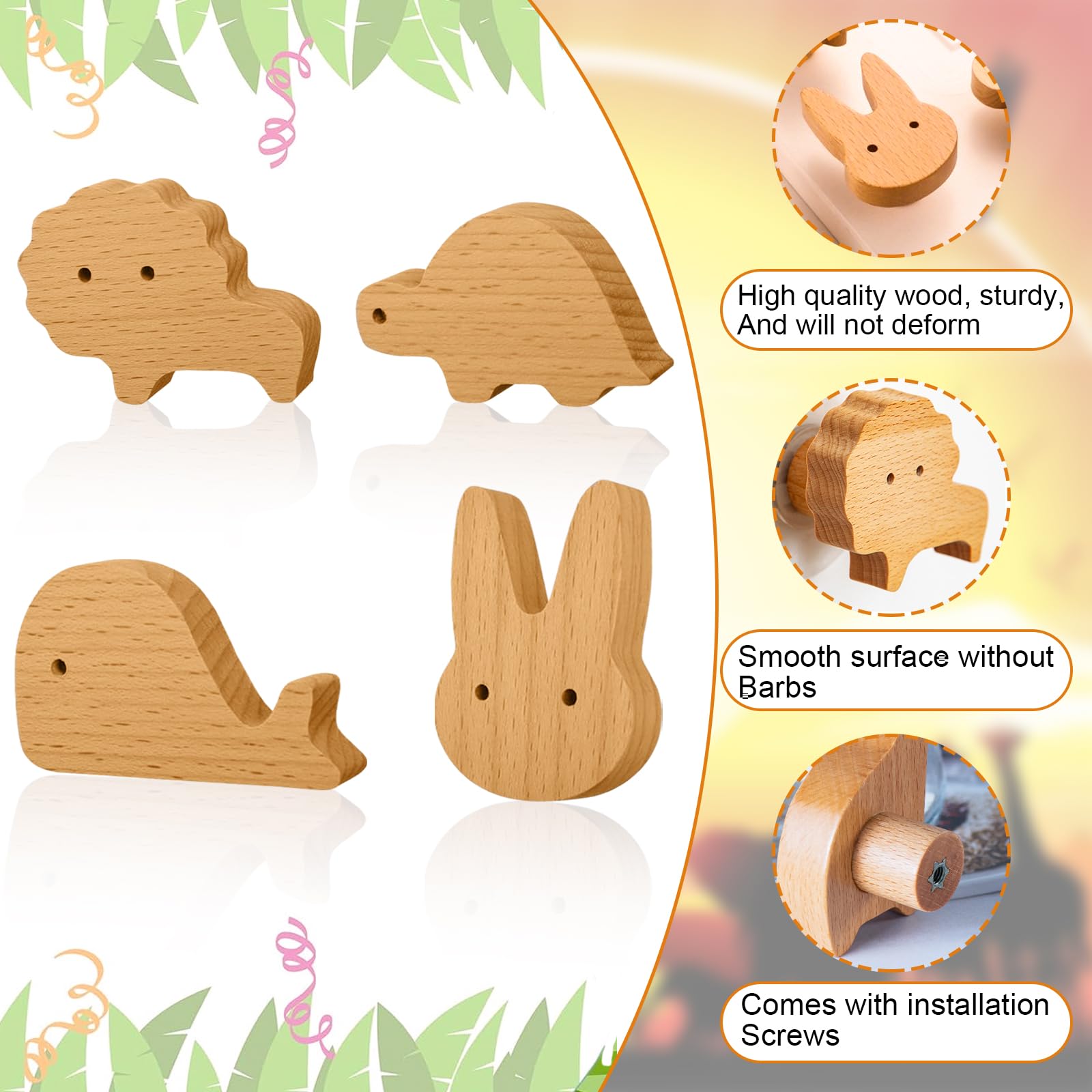 Rierousy 6 Piezas Pomos Madera con Forma de Animal, Tirador de Muebles de Madera, Tiradores Infantiles, Tiradores Cajones, Tiradores Muebles con Tornillos