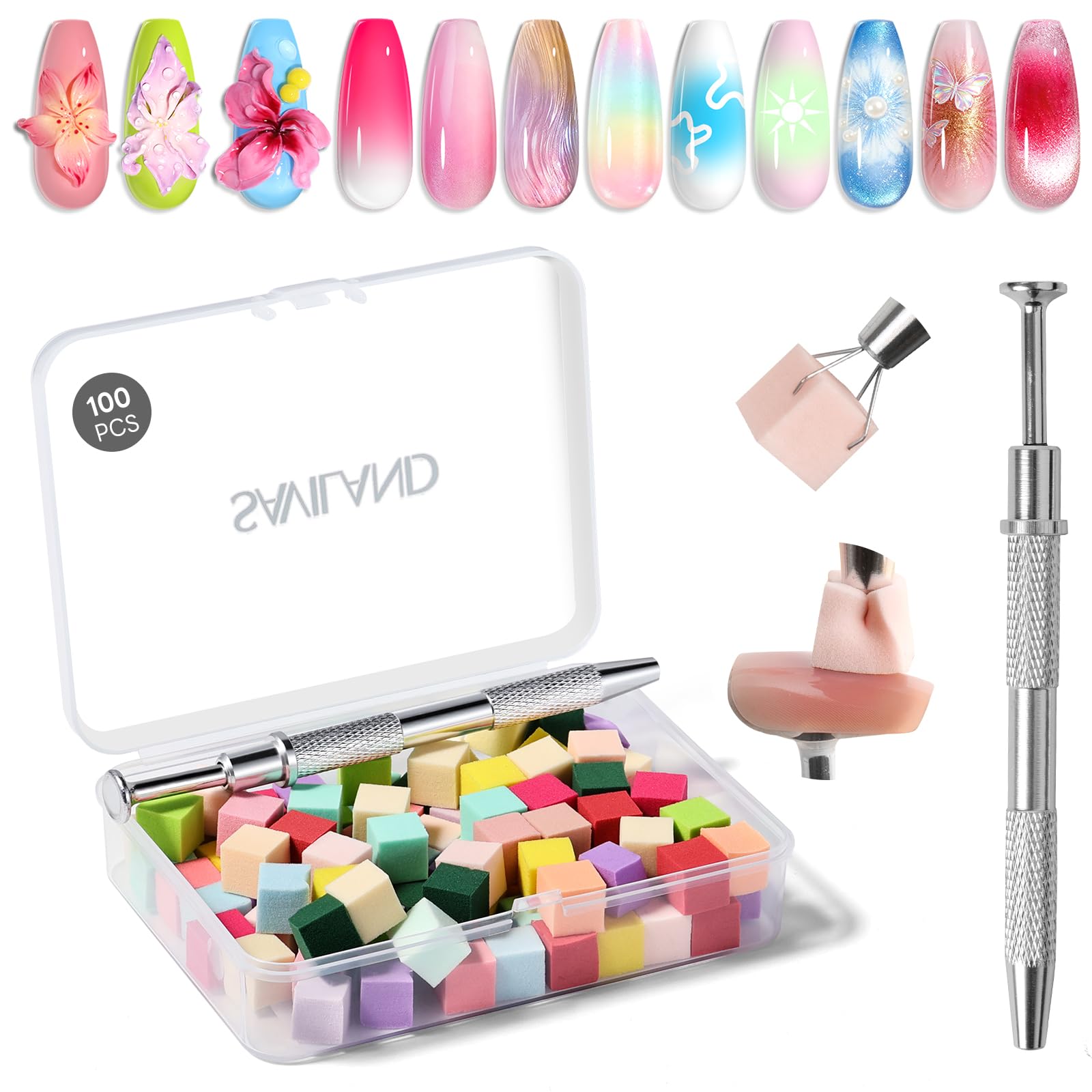 SAVILAND Essentials Nail Sponges for Ombre: 100Pcs Colorful Ombre Nail Sponge High Density Nail Art Sponge for Seamless Ombre Gradient with Grabbing Pen Nail Art Tools for Beginners DIY Home Salon
