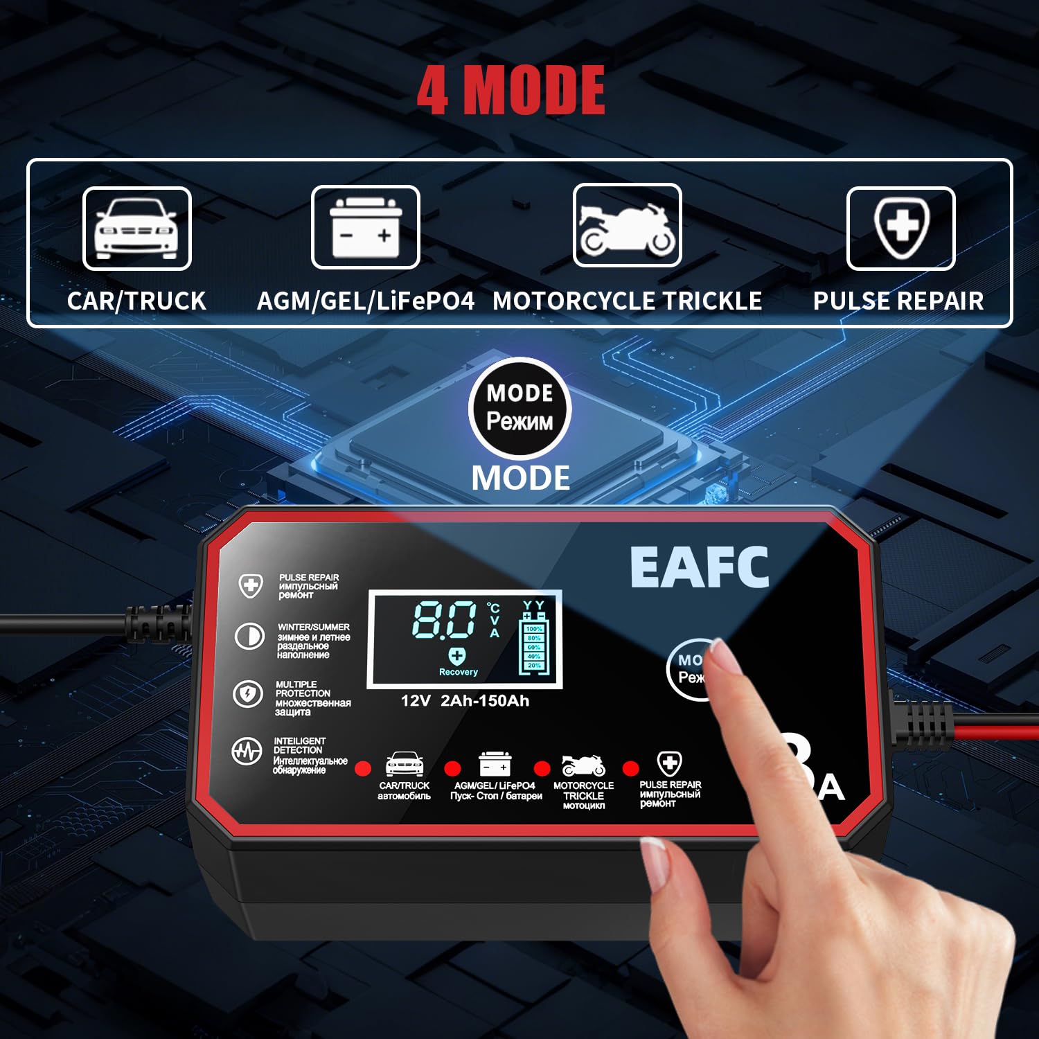 Chargeur de Batterie 12V 8A Intelligent - Chargeur Universel pour Voiture/Camion/Moto avec Fonction Réparation, Sécurité Anti-Court-Circuit et Écran LCD (Garage, Camping, Usage Domestique)