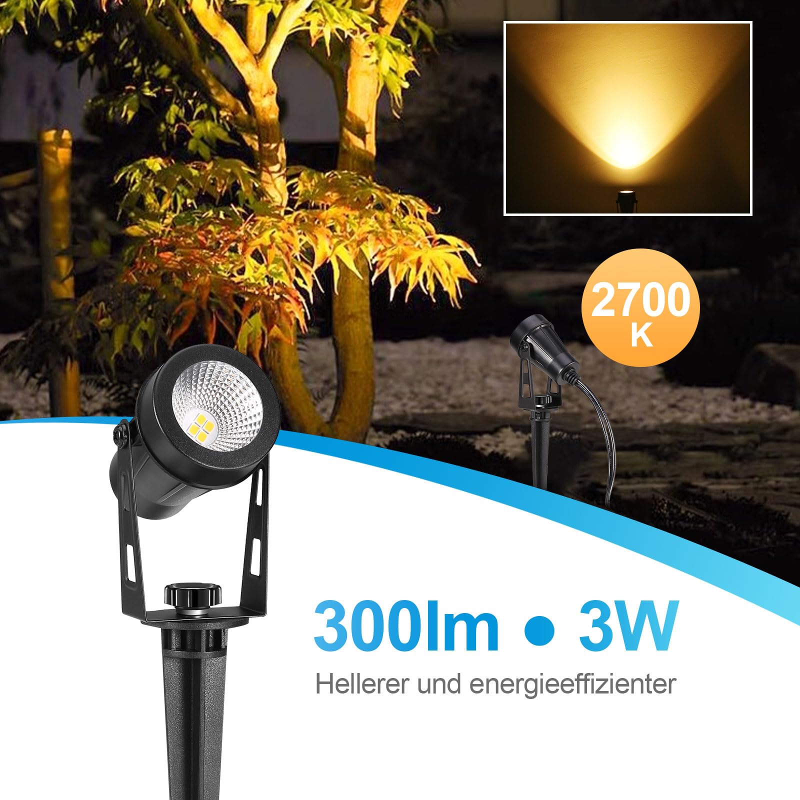 Gartenbeleuchtung LED, 21m 6er Gartenstrahler mit Strom Erdspieß, 12V 3W 1800lm Gartenleuchte, IP65 Wasserdicht Warmweiß Gartenlampe für Außen Garten Rasen Weg Teich Yard Zaun