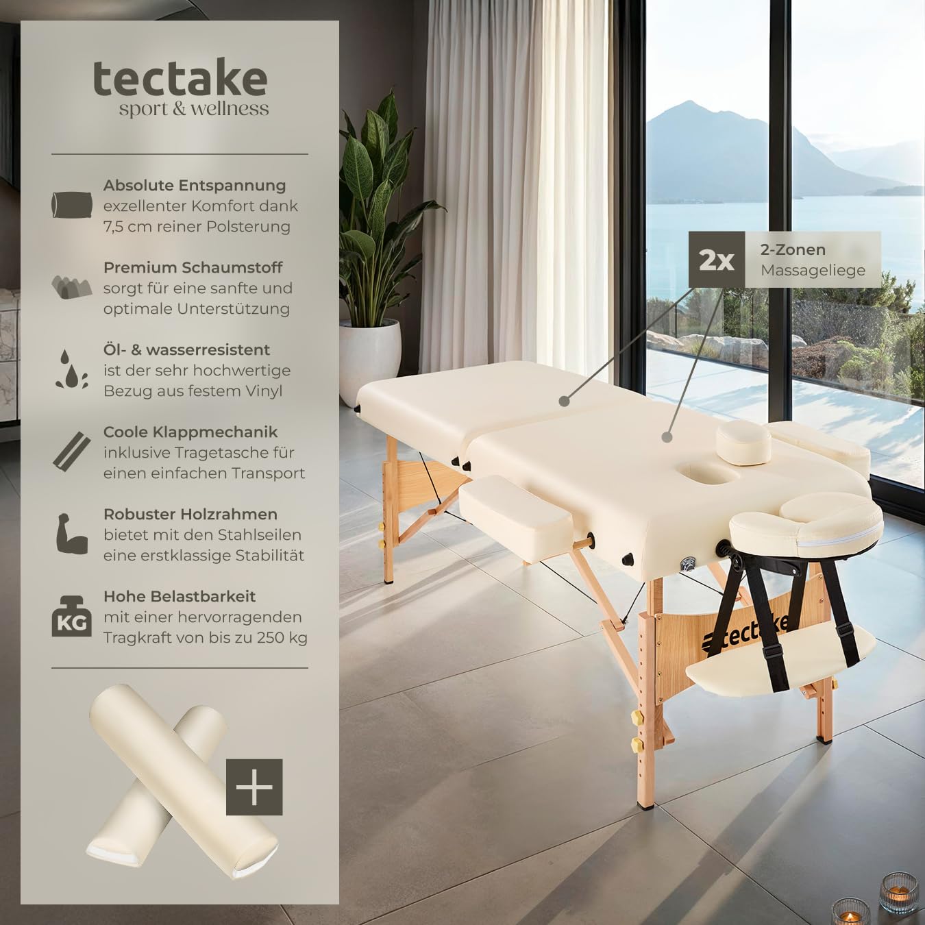tectake® Massageliege 2 Zonen, Massageliege klappbar, Massagetisch mit 7,5cm Polsterung, Mobile Behandlungsliege, Kopf- und Armstütze, Massagebank mit Holzfüßen, 2 Rollen, Tragetasche - beige