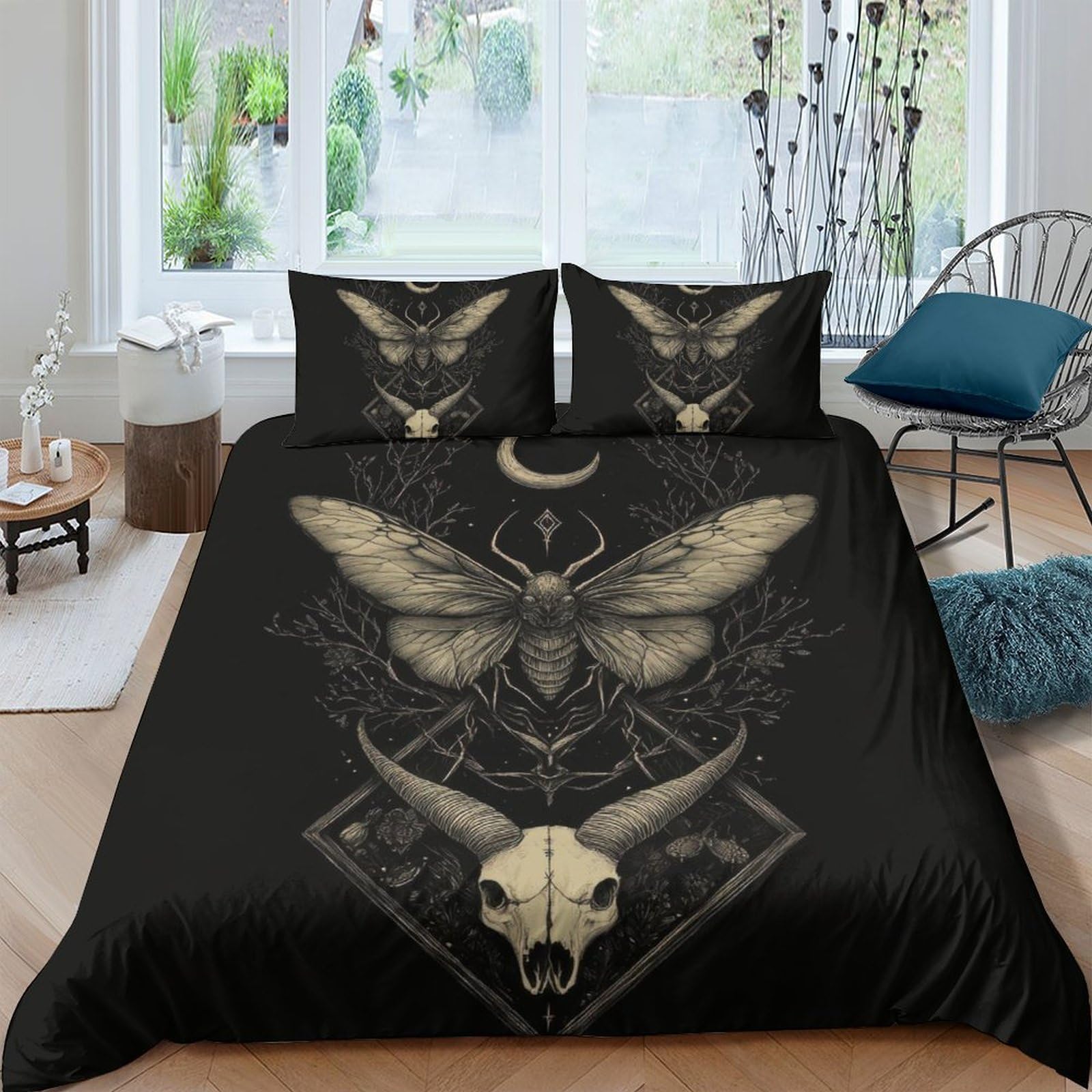 Ctjqhvkz Style-7 3D Printed Gothic Moth Skull Fitted Sheet Microfiber Black Bed Cover For Bedroom Dorm Mattress Protection Decor Single（135X200cm）