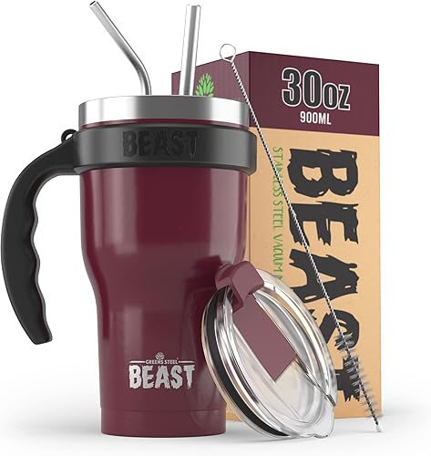 BEAST - Juego de vasos de 30 onzas con asa, color rojo arándano, taza de café de acero inoxidable + 2 cepillos para pajitas, caja de regalo y mango