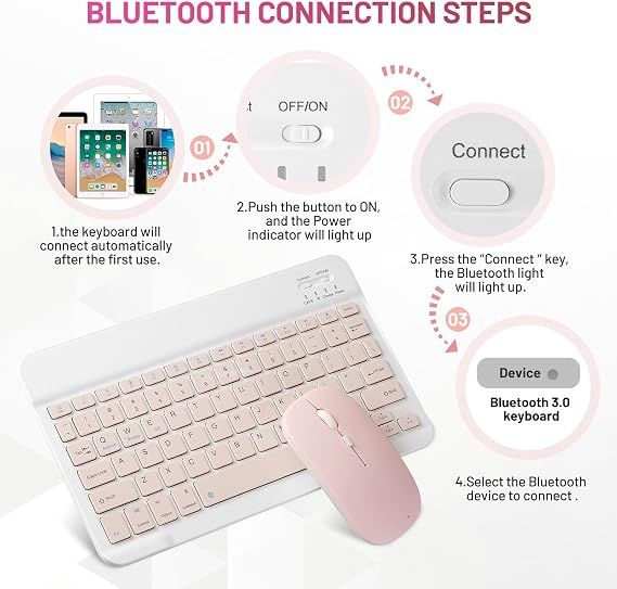 Bluetooth Klavye ve Fare Combo Şarj Edilebilir Taşınabilir Kablosuz Klavye Fare Seti Apple iPad iPhone iOS 13 ve üzeri Samsung Tablet Telefon Akıllı Telefon Android Windows için (10 inç Pembe)