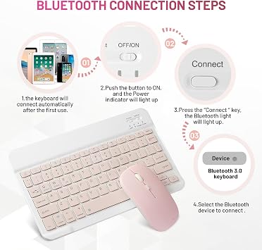Bluetooth Klavye ve Fare Combo Şarj Edilebilir Taşınabilir Kablosuz Klavye Fare Seti Apple iPad iPhone iOS 13 ve üzeri Samsung Tablet Telefon Akıllı Telefon Android Windows için (10 inç Pembe)