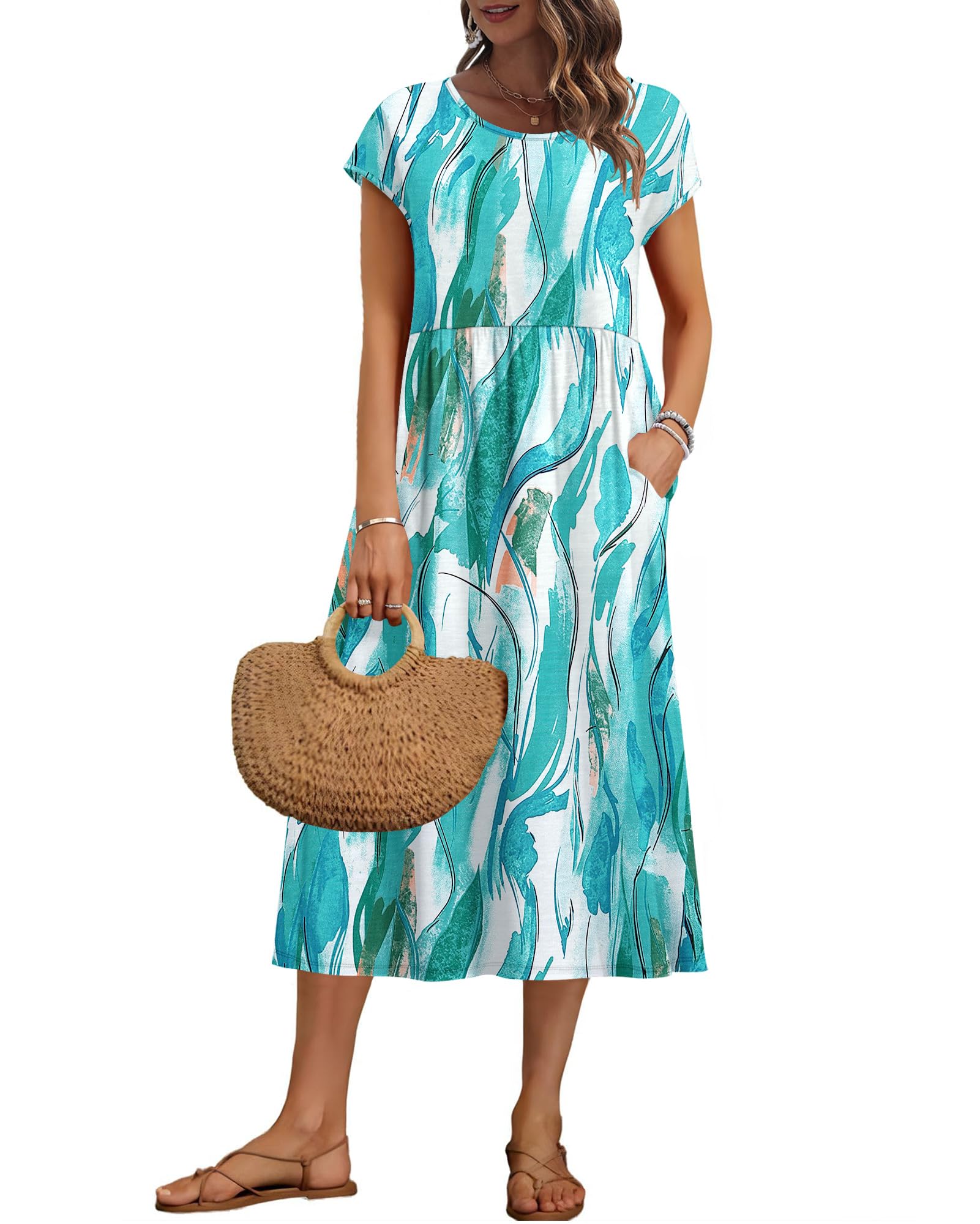 AUSELILY Women's Summer Short Sleeve Loose Dresses Shift Plus Size Midi Dress with Pockets, Turquoise Flow Charm 2XL