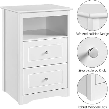 Yaheetech Bedside Table Set of 2, Tall Nightstand with 2 Drawer and Cubby, Wooden Cupboard for Bedroom Small Space, Bedside Cabinet Telephone Table, 16 D 19 W 29 H, White