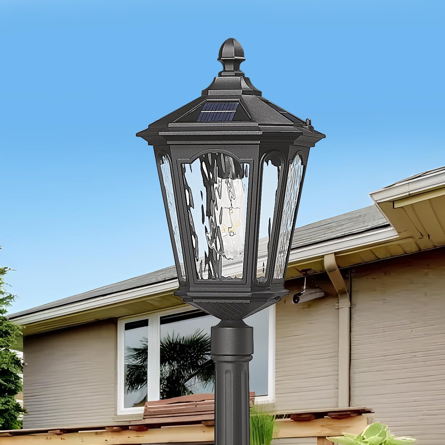 82 Inch Solar Post Street Lamp Light with Remote Control, Dusk to Dawn Waterproof LED Pole Light Exterior, Outside Pillar Lighting with Water Ripple Glass for Lawn Pathway Garden Porch Yard Patio