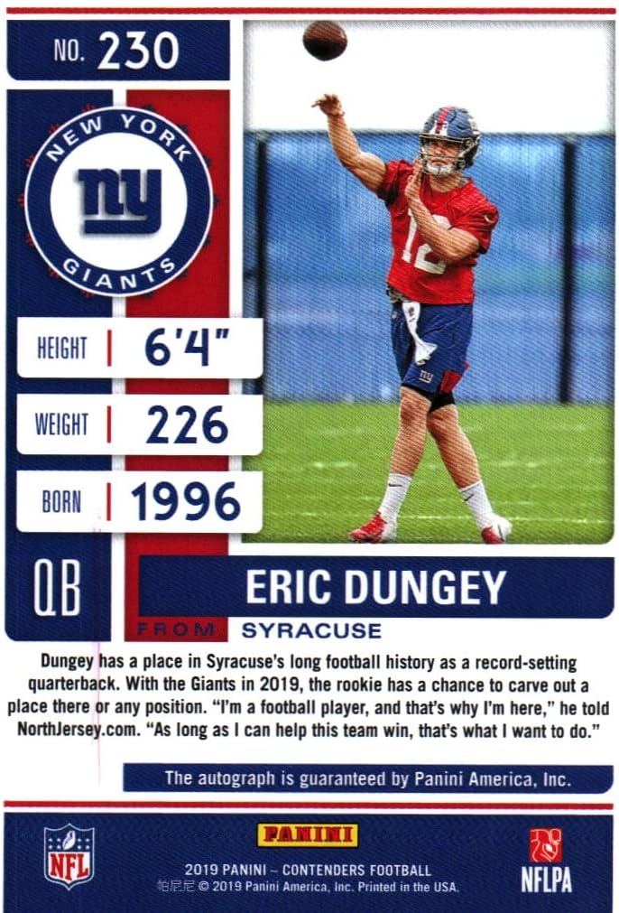 Eric Dungey Panini Contenders Autographed Rookie Card Collectible Football Card - 2019 Panini Contenders Rookie Ticket Football Card #230 (Giants) Free Shipping