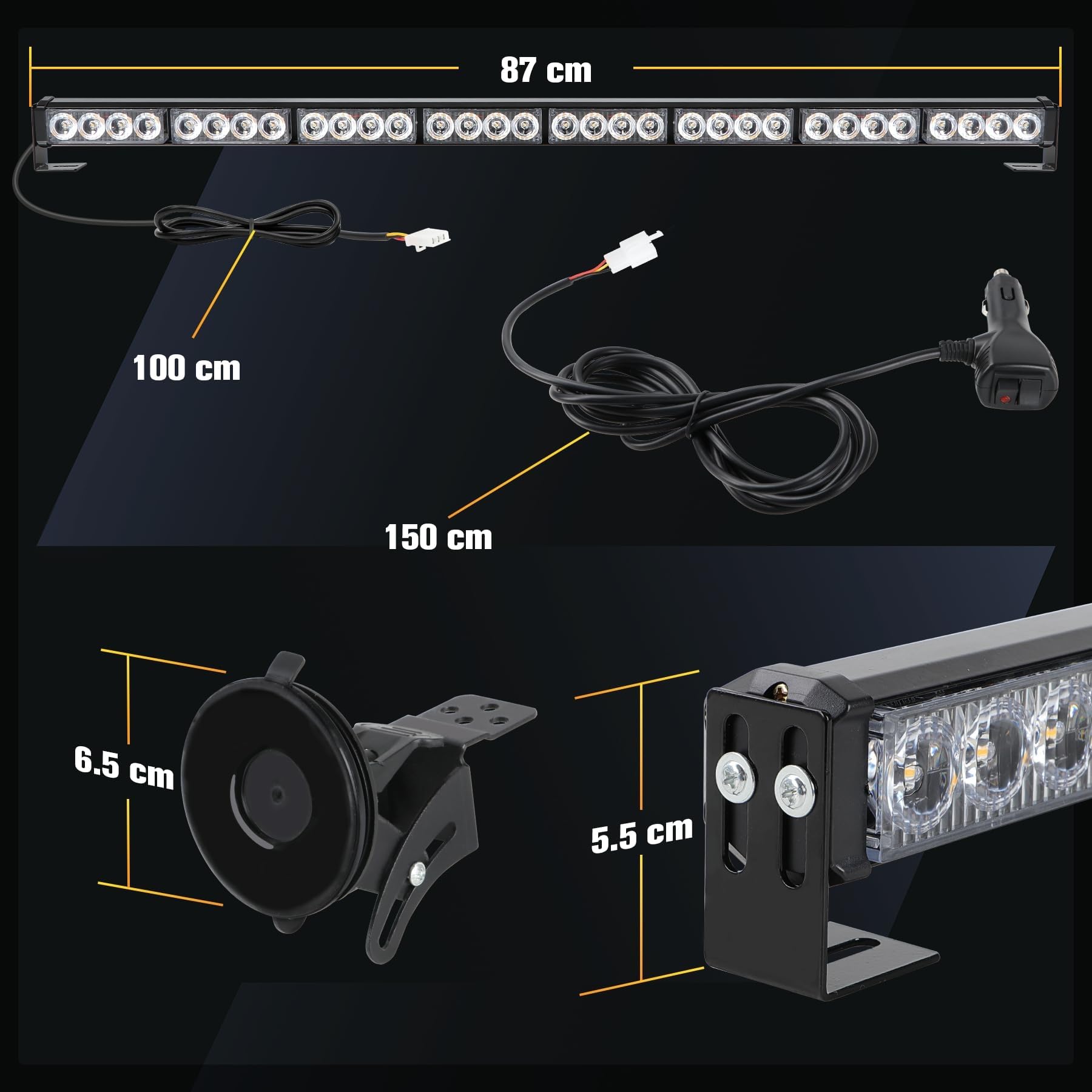 90cm Lichtleiste Stroboskop – 32 LEDs mit hoher Intensität, Warnung, Auto-Blinker, Notfall, Schneepflug, Lichtleiste (Bernstein)