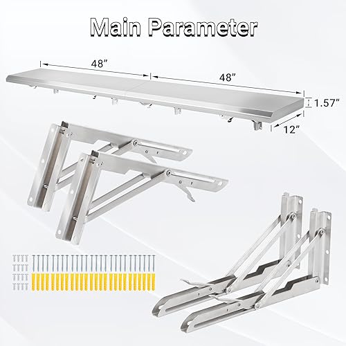 Miniatura 3 de Estante plegable de concesión de 96 x 12 pulgadas, ventana desplegable de servicio de concesión, estante plegable de acero inoxidable para servir
