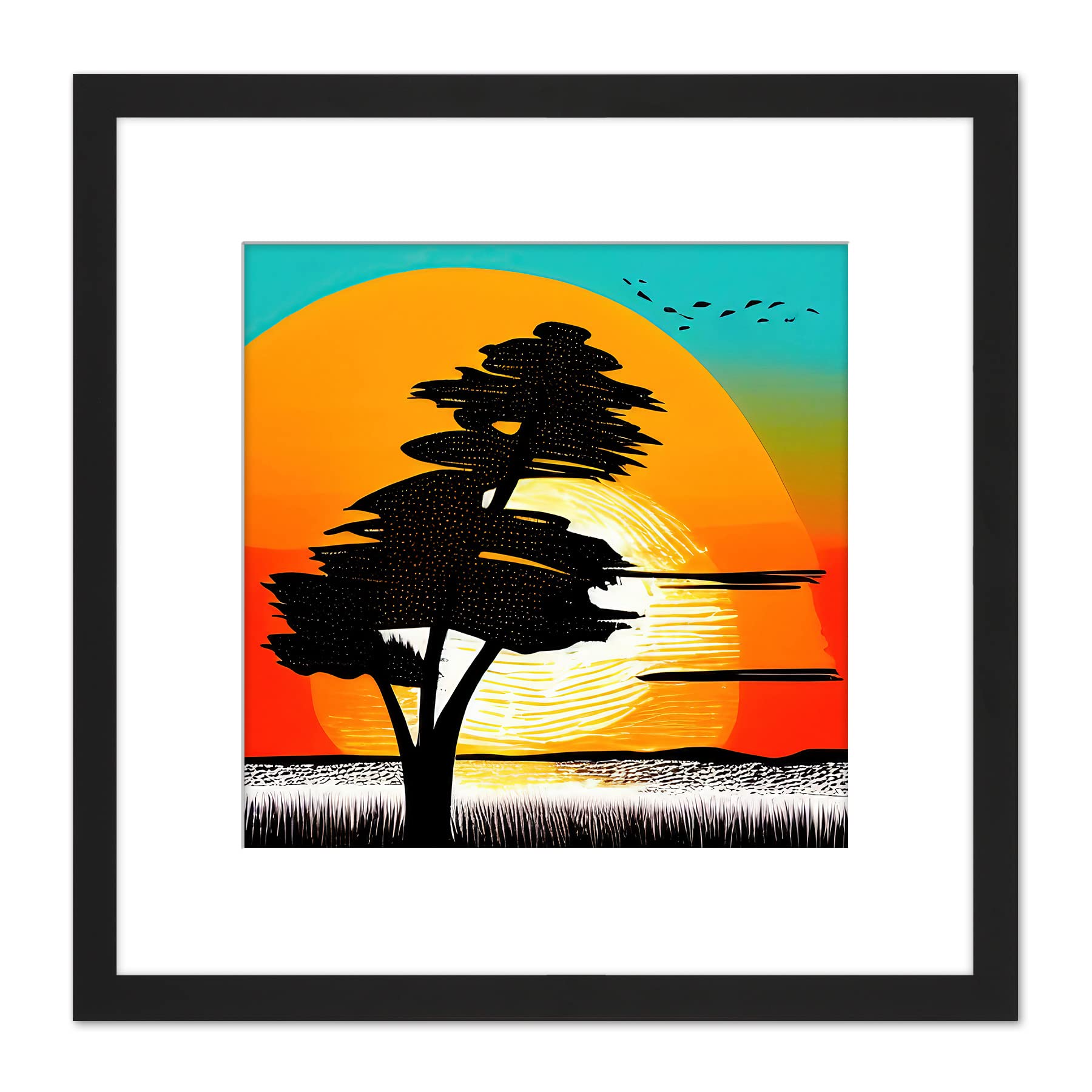Wee Blue Coo Lone Black Tree Countryside Bright Colourful Sunrise Linocut Illustration Square Wooden Framed Wall Art Print Picture 9X9 Inch