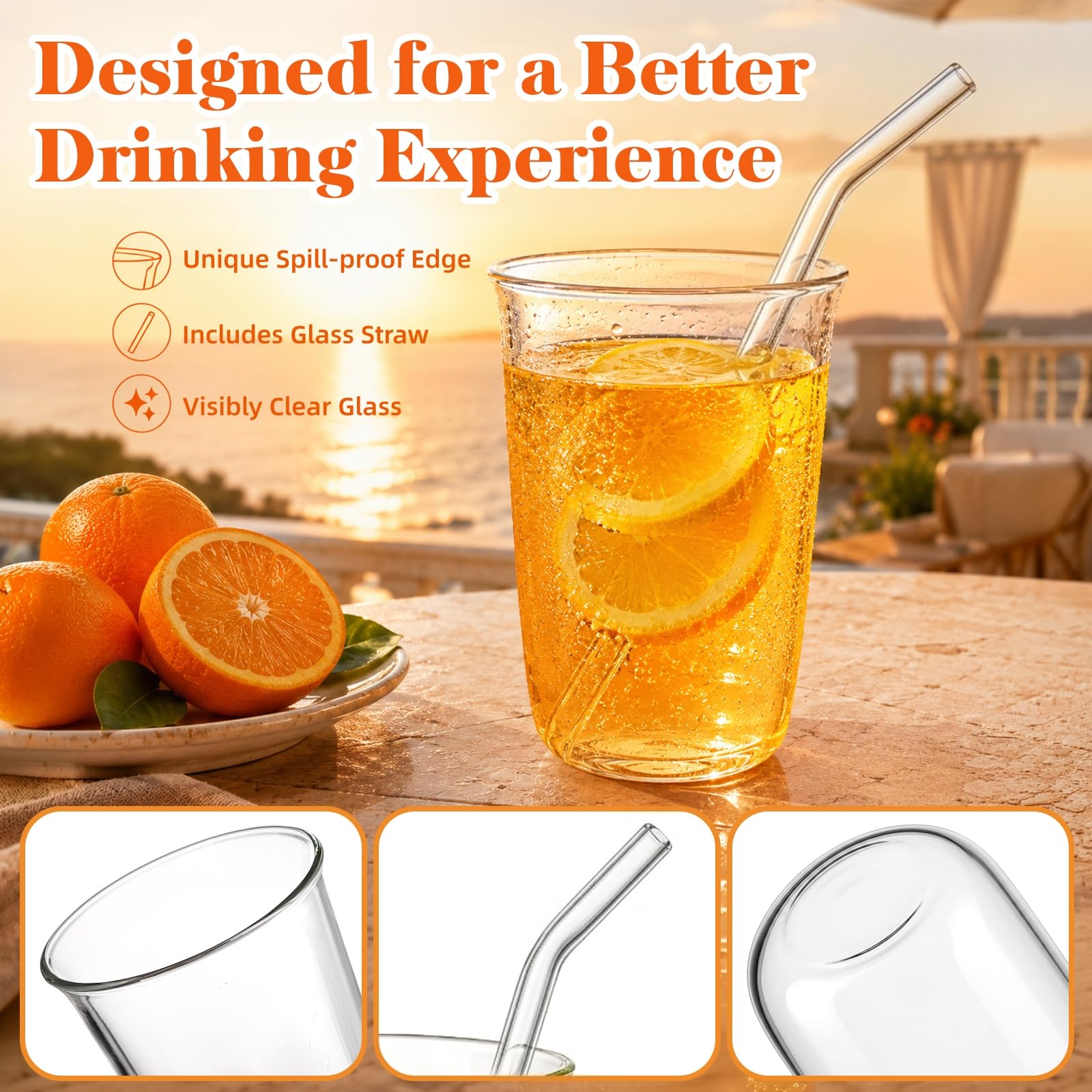 6 Trinkgläser mit Strohhalm, 473 ml, klares Wasserglas-Set | Bleifreie Highball-Glasbecher für die Küche, Glaswaren für Saft, Getränke, Cocktail, Eistee, Kaffee, Limonade